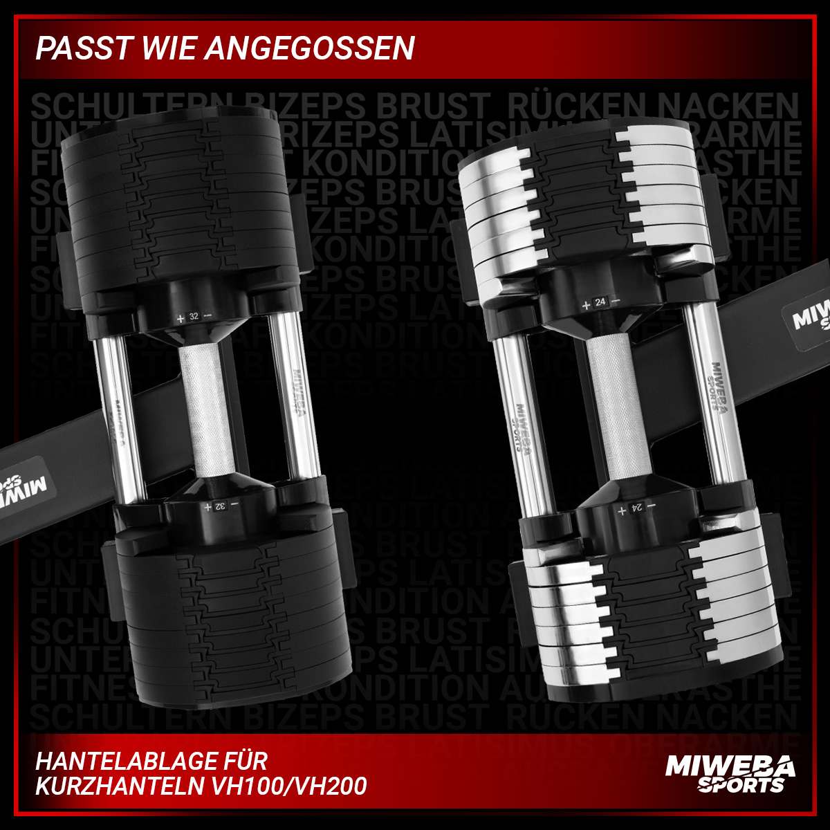 Zwei verstellbare Kurzhanteln mit Gewichtsplatten, schwarz und silber, auf schwarzem Hintergrund.