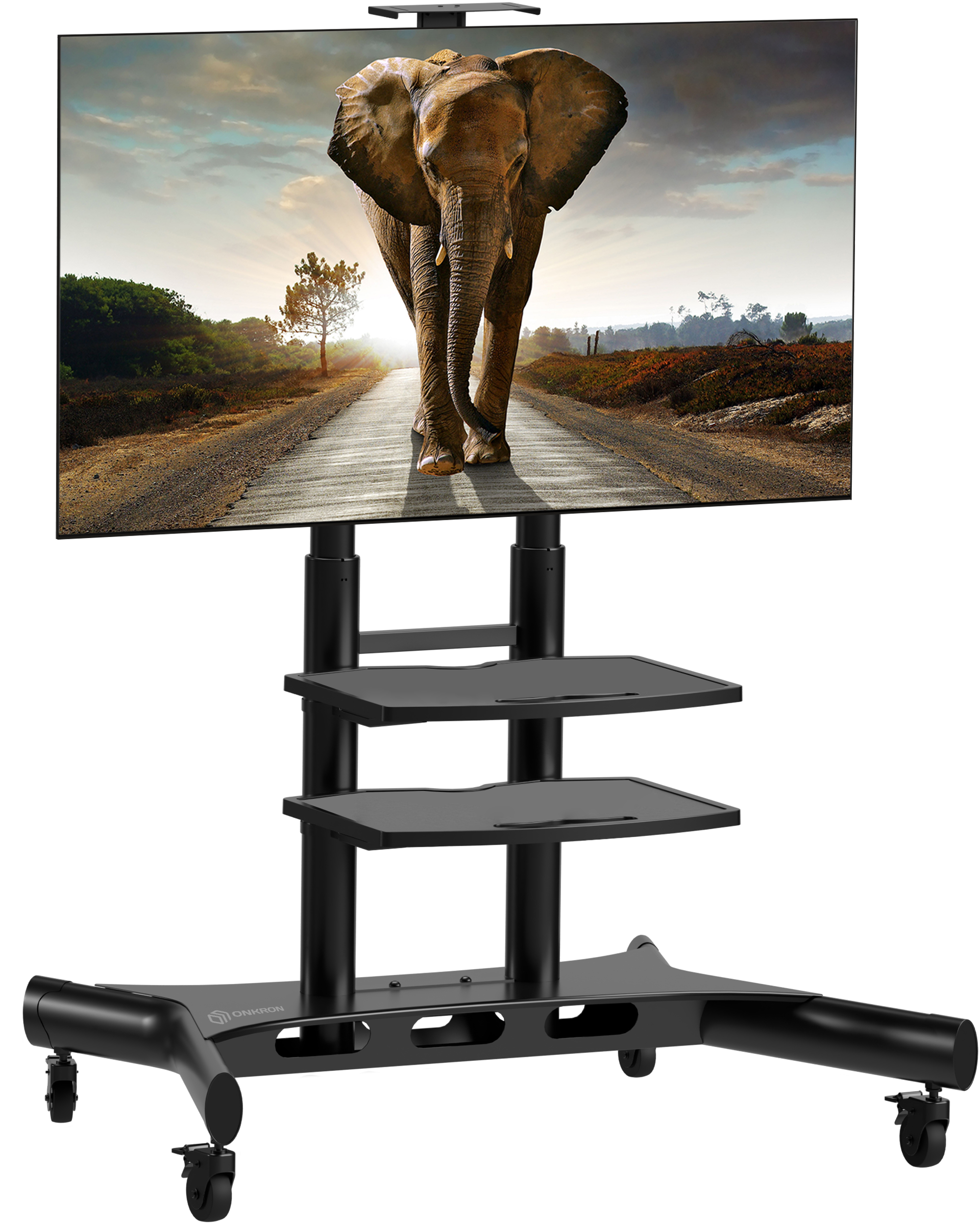 Czarny stojak pod telewizor przedstawia krajobraz drogi ze słoniem. Jasne słońce jest nad głową.