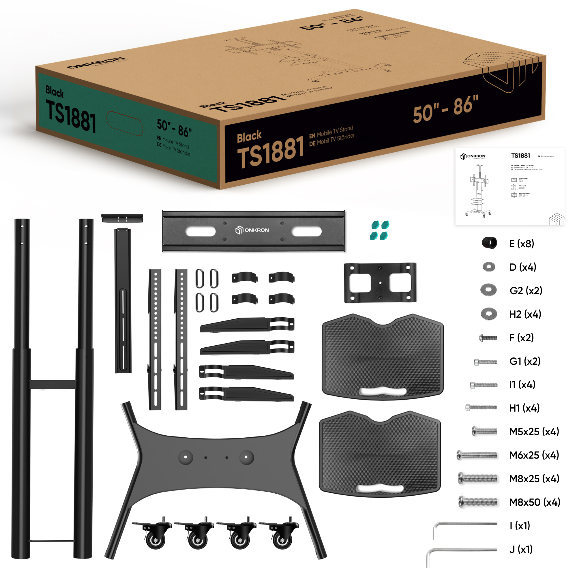 Componentes desmontados del soporte de TV negro y caja con texto: '50-86" Black TS1881'.