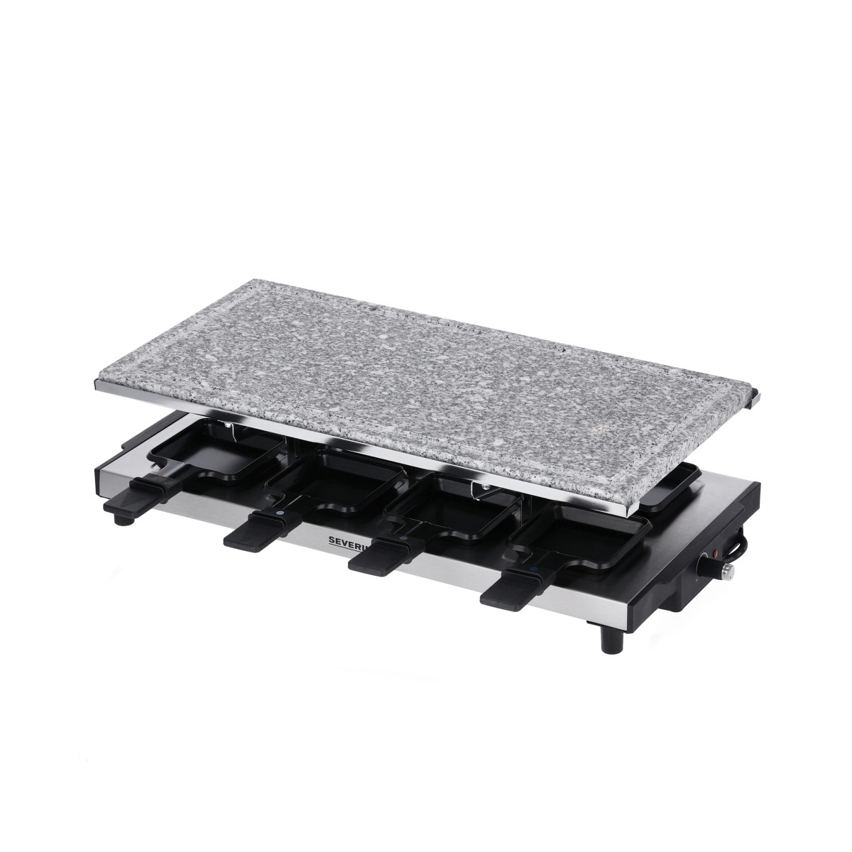 Raclette grill with four pans. Granite stone top, metal base, and black handles.
