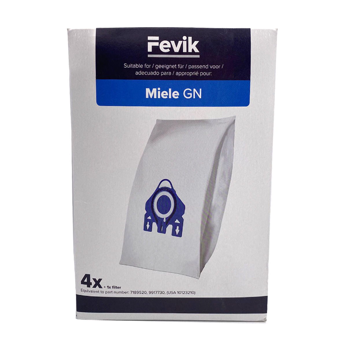 Ein weißer Staubsaugerbeutel mit dem Markennamen 'Fevik' und 'Miele GN' aufgedruckt.