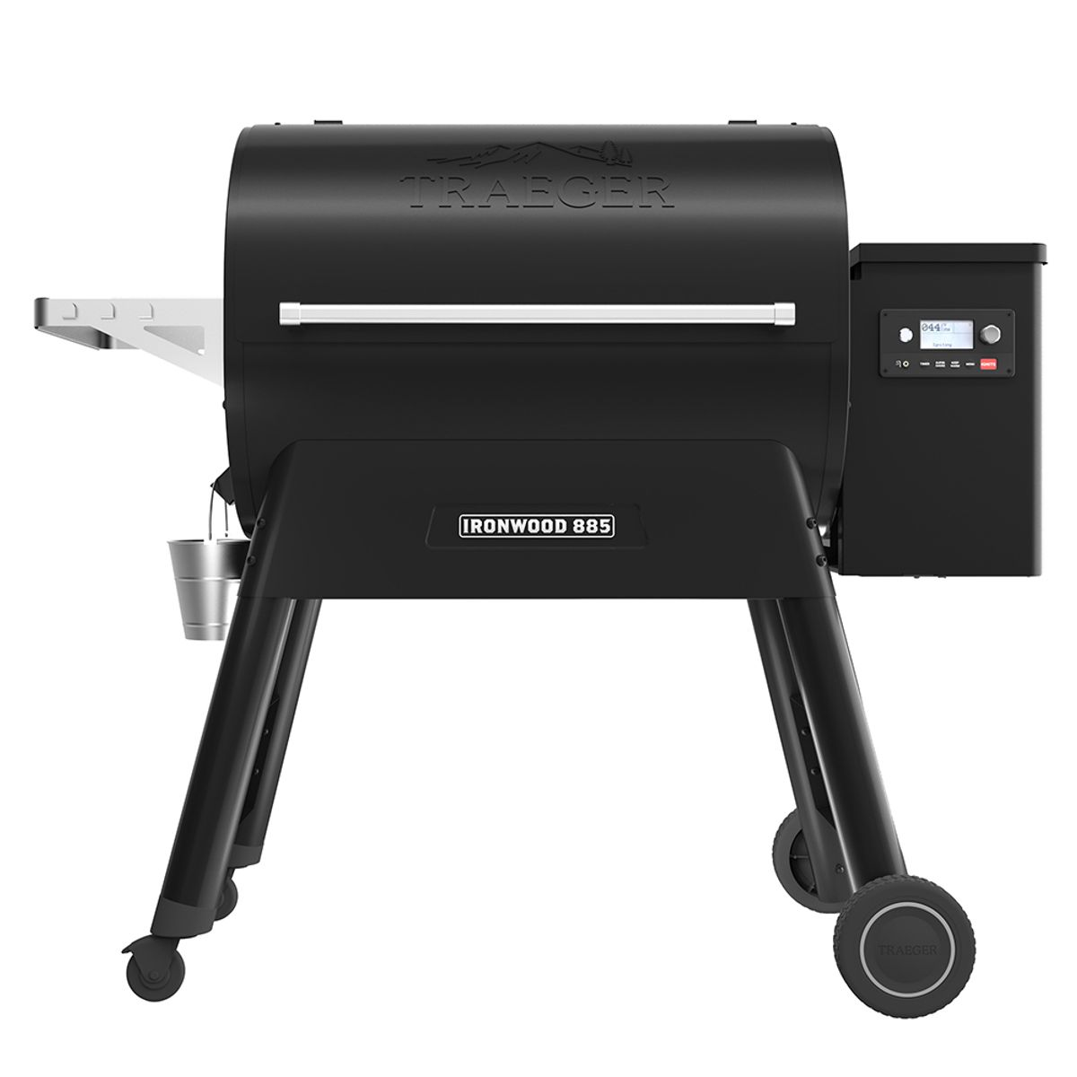 Parrilla negra Traeger Ironwood 885. Tiene una repisa lateral y un panel de control digital a la derecha.
