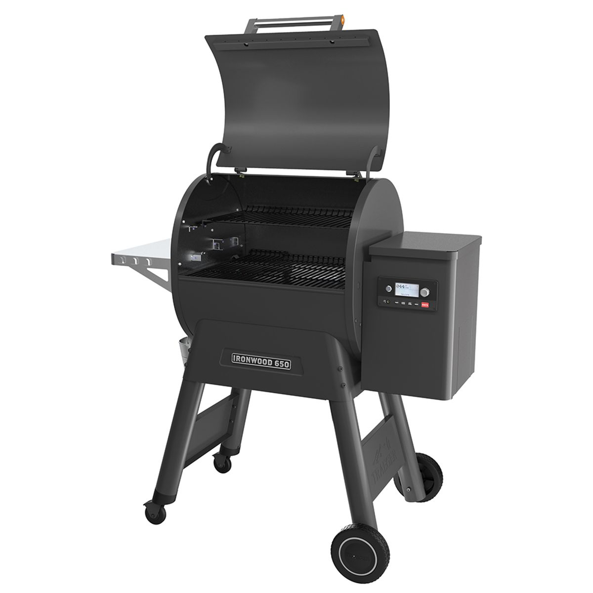 Parrilla negra con tapa abierta. Tiene un panel de control digital y está sobre ruedas.