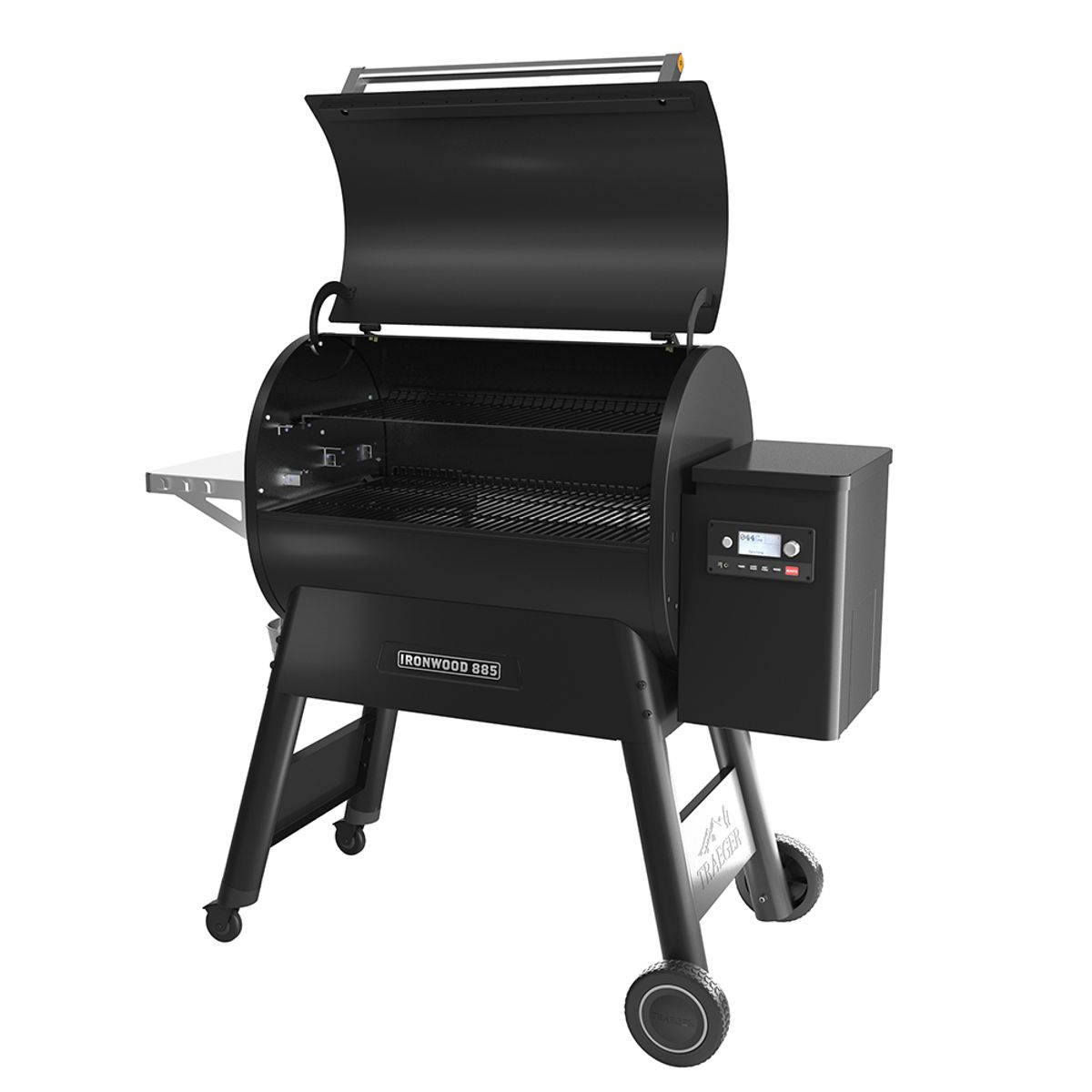 Parrilla negra con tapa abierta. Es una Traeger Ironwood 685 con pantalla digital lateral.