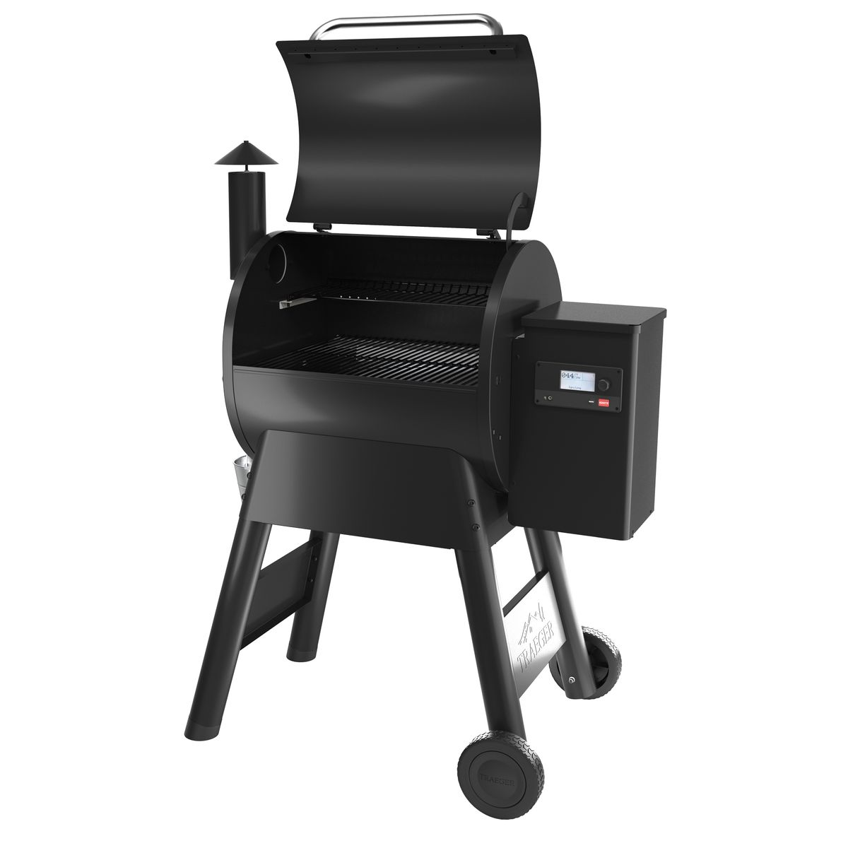 Una parrilla Traeger negra con la tapa abierta. La parrilla tiene una pantalla digital y está sobre ruedas.