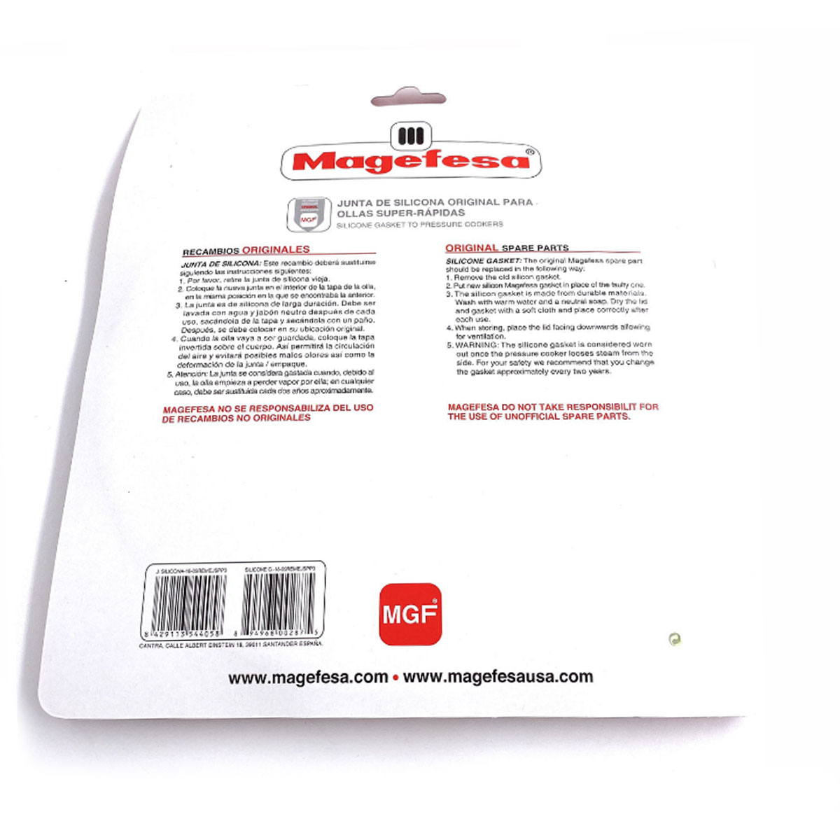 Papel blanco con texto sobre juntas de silicona. Logotipo de la marca 'Magefesa' visible.