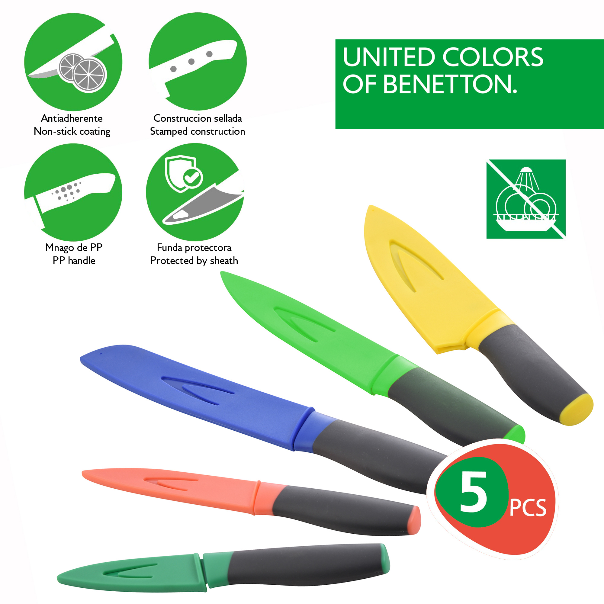 Un juego de cuchillos con fundas. Los cuchillos son naranja, verde, amarillo, azul y con mango negro.