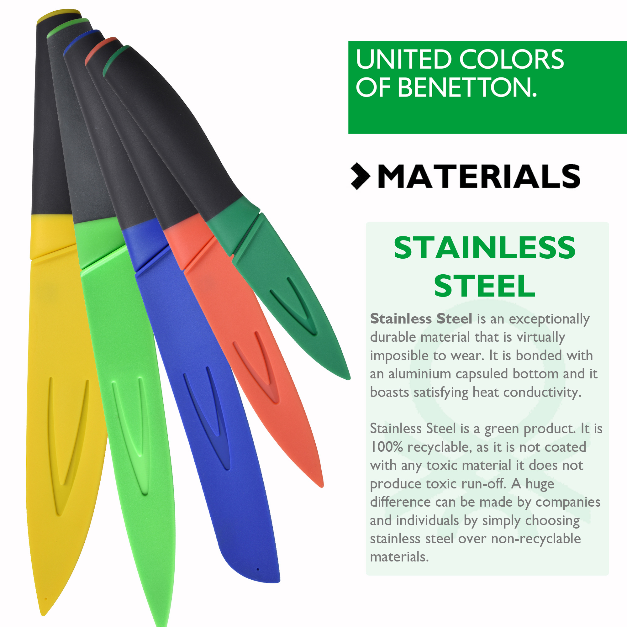 Cinco cuchillos coloridos con fundas, con descripción de materiales: acero inoxidable.