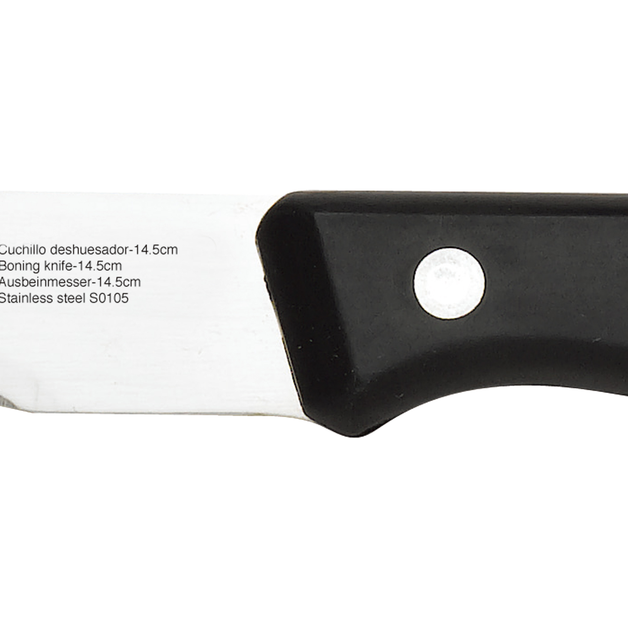 Primer plano de una hoja y mango de cuchillo con texto en la hoja. Fondo blanco.