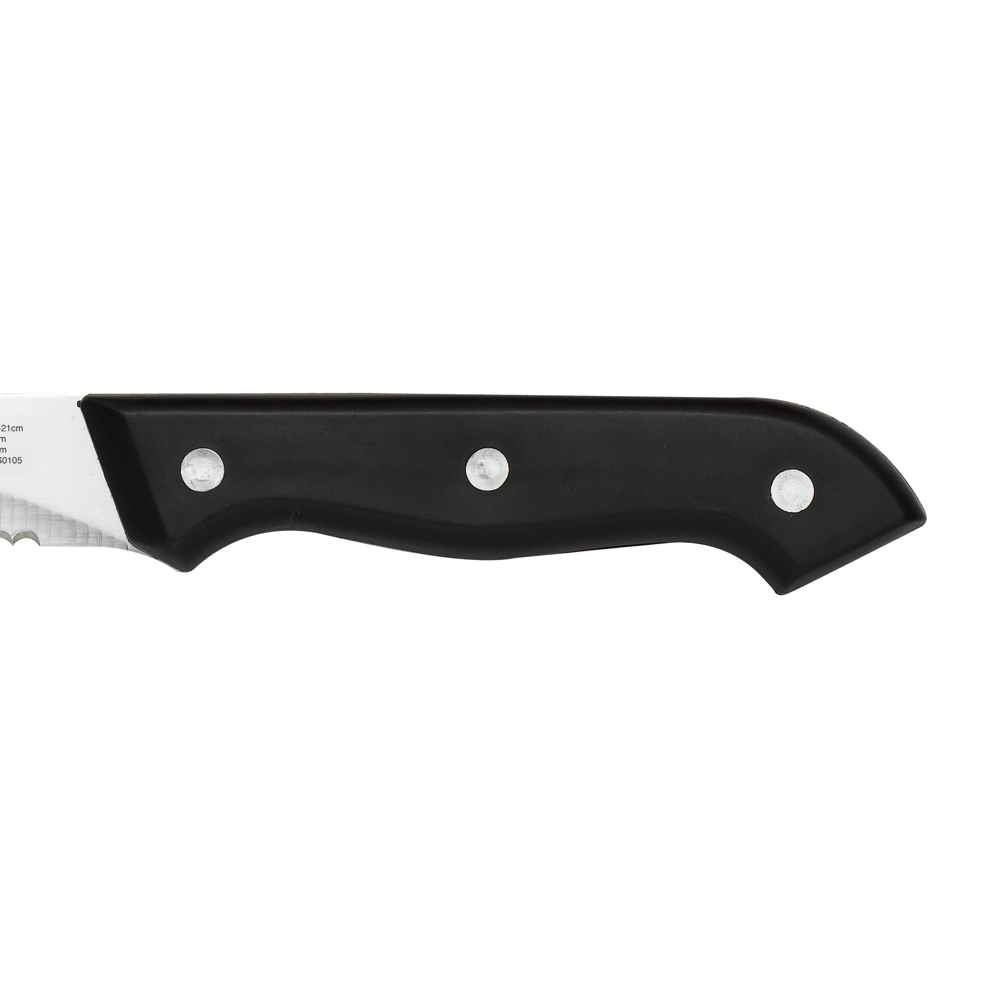 Primer plano de un mango de cuchillo negro con remaches plateados, sobre fondo blanco.