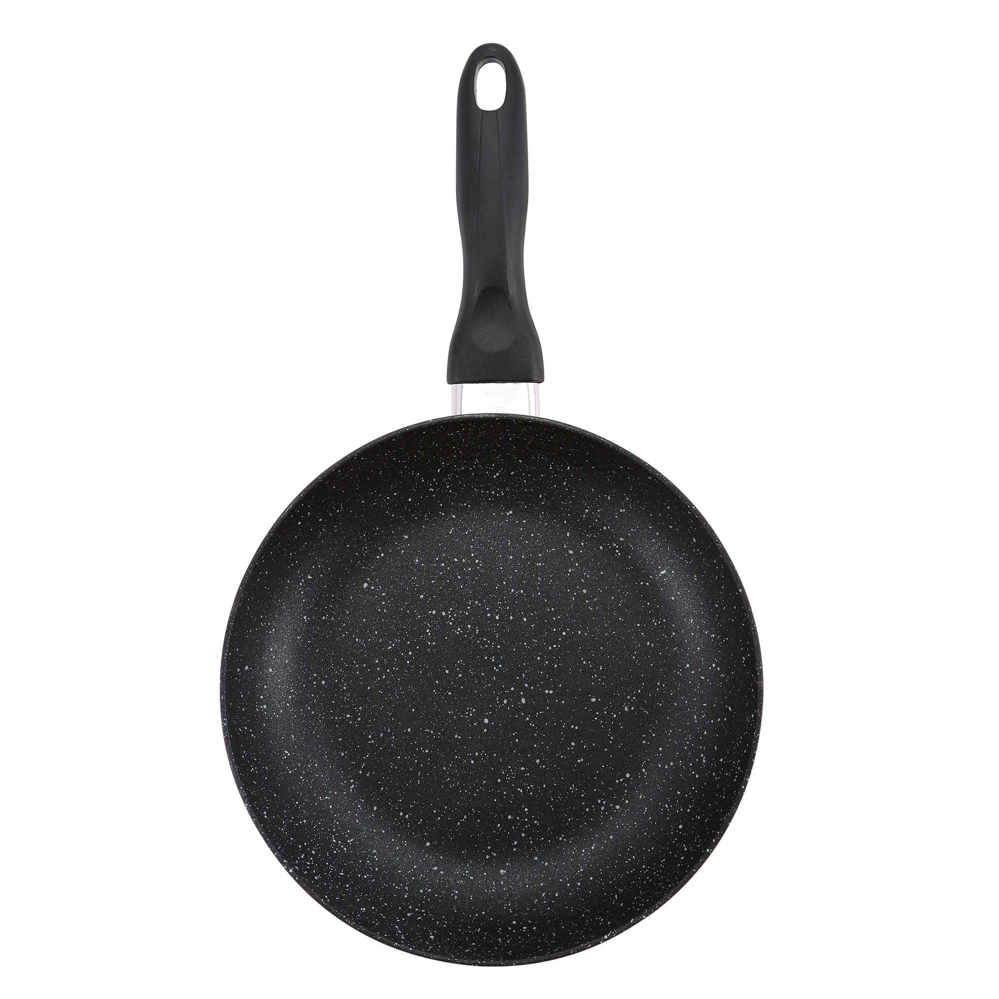 Sartén negro con mango negro sobre fondo blanco.