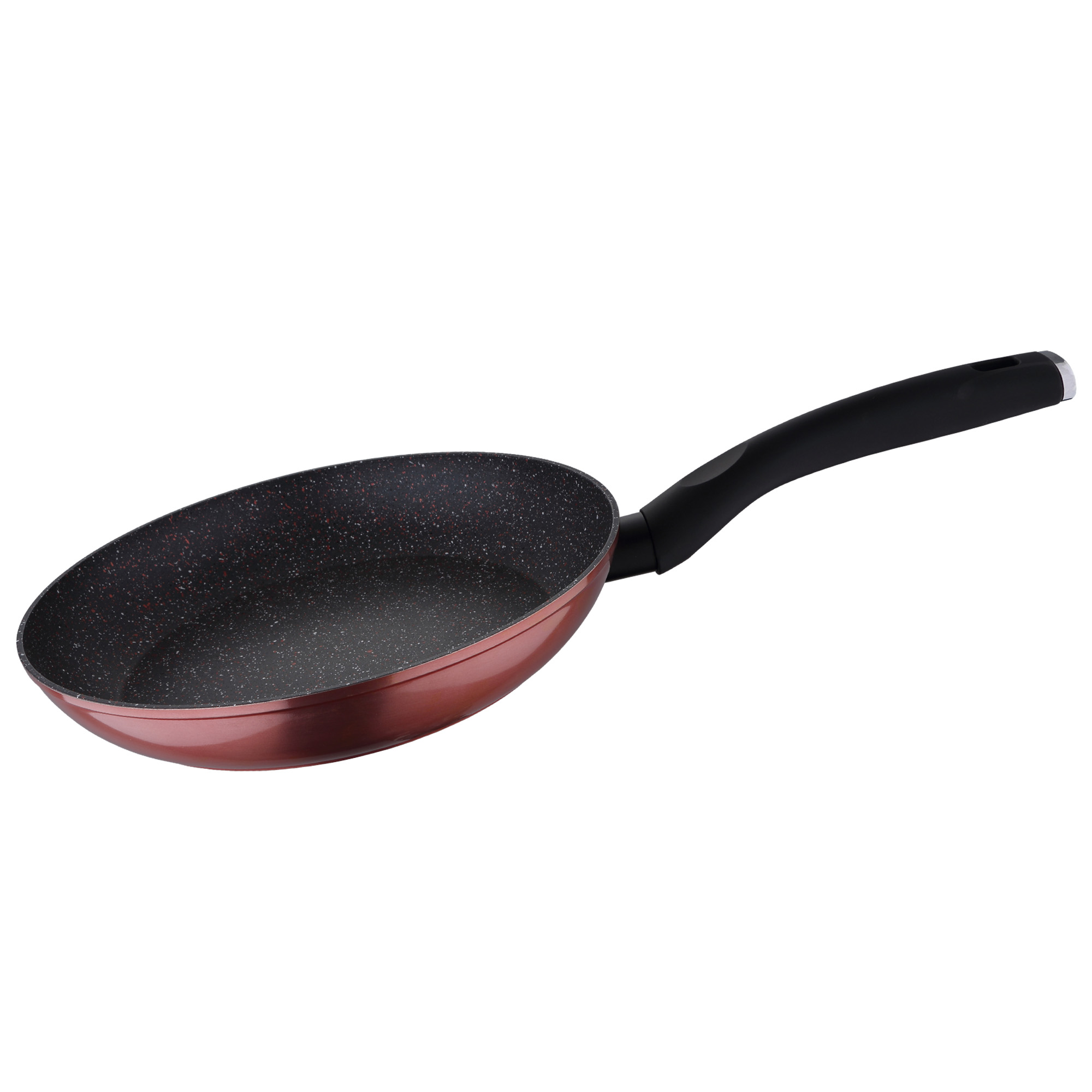 Sartén antiadherente con mango negro e interior moteado rojo. La sartén está sobre una superficie blanca.