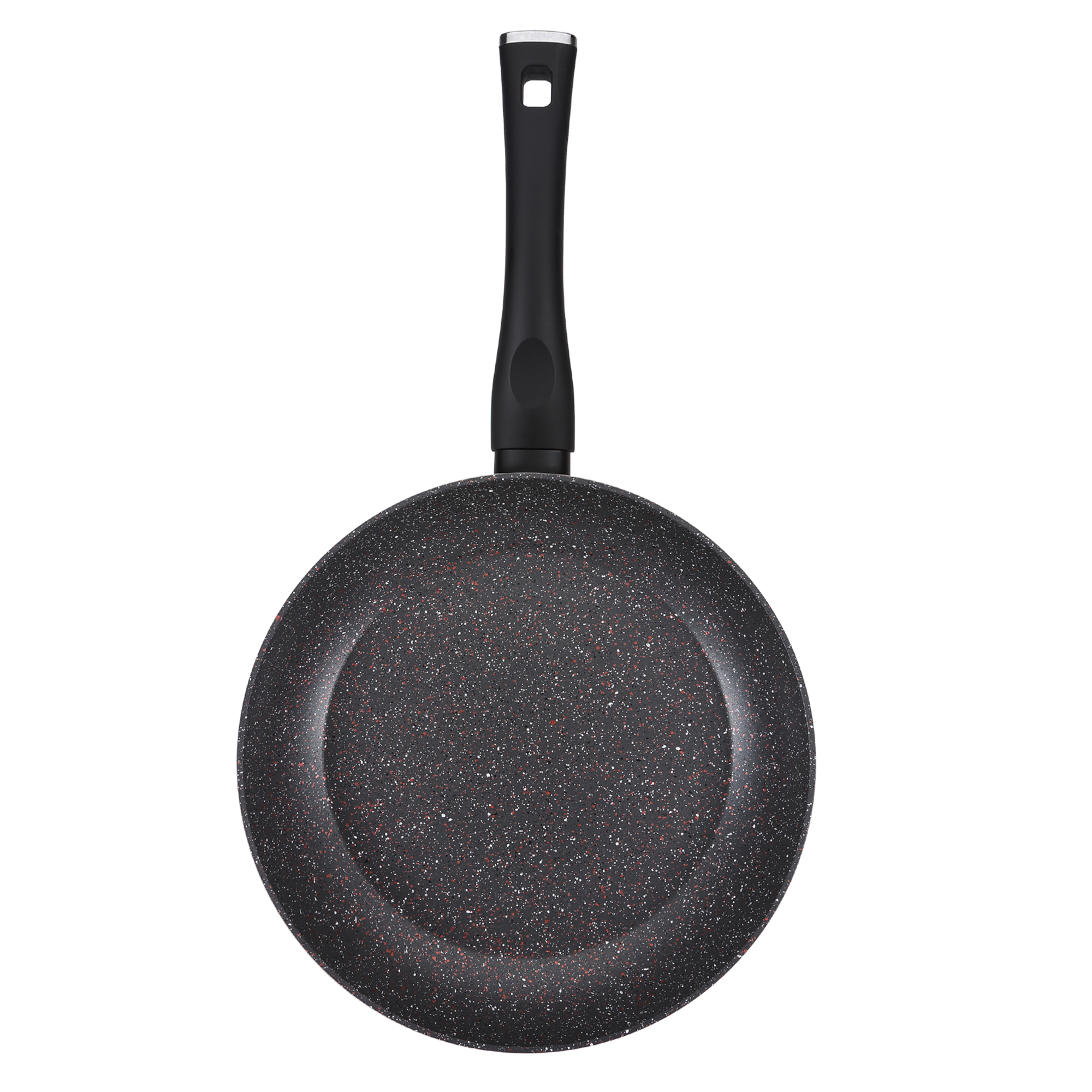 Una sartén negra con un mango negro, salpicada de puntos rojos, sobre un fondo blanco.