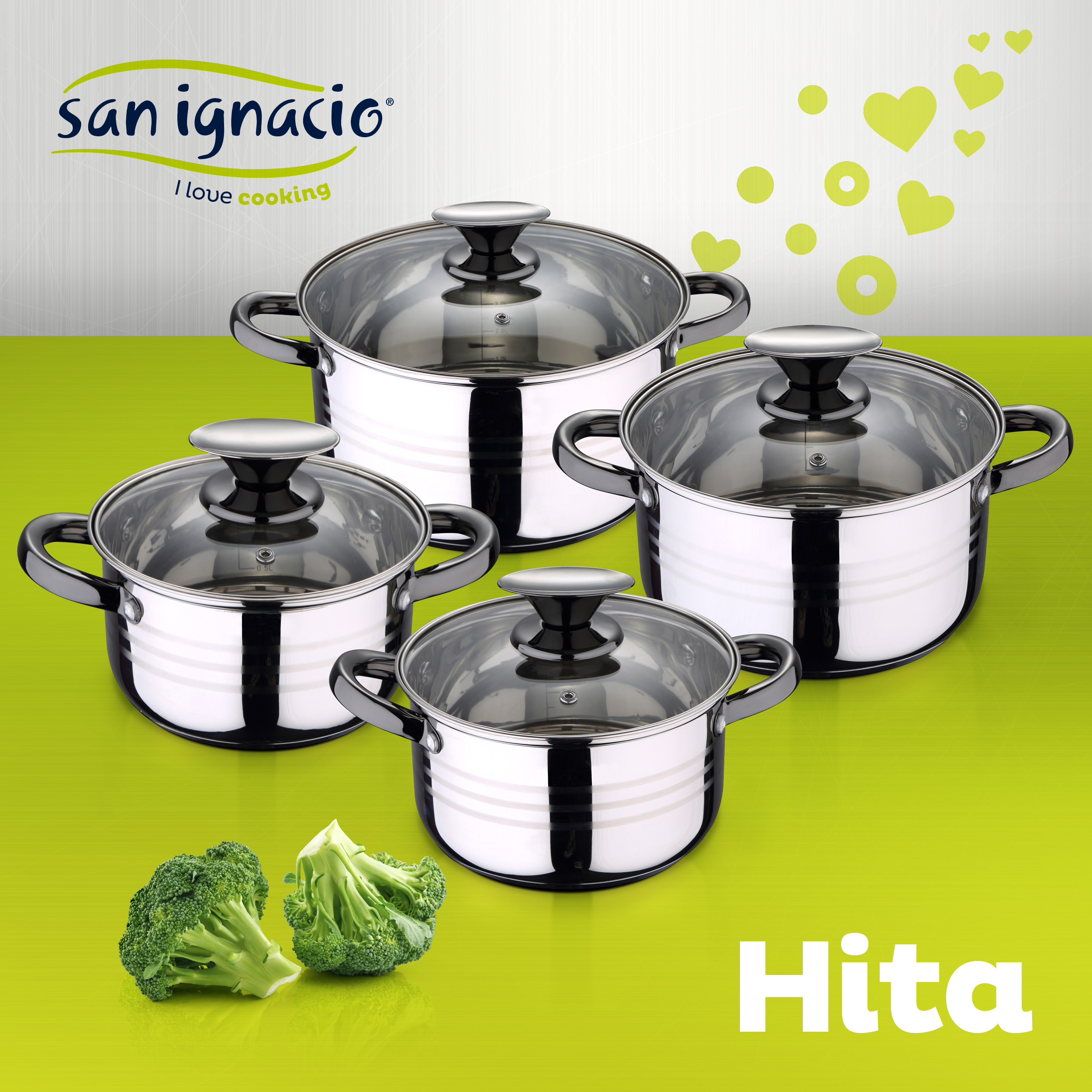 Cuatro ollas de acero inoxidable con tapas de vidrio, dispuestas con brócoli.