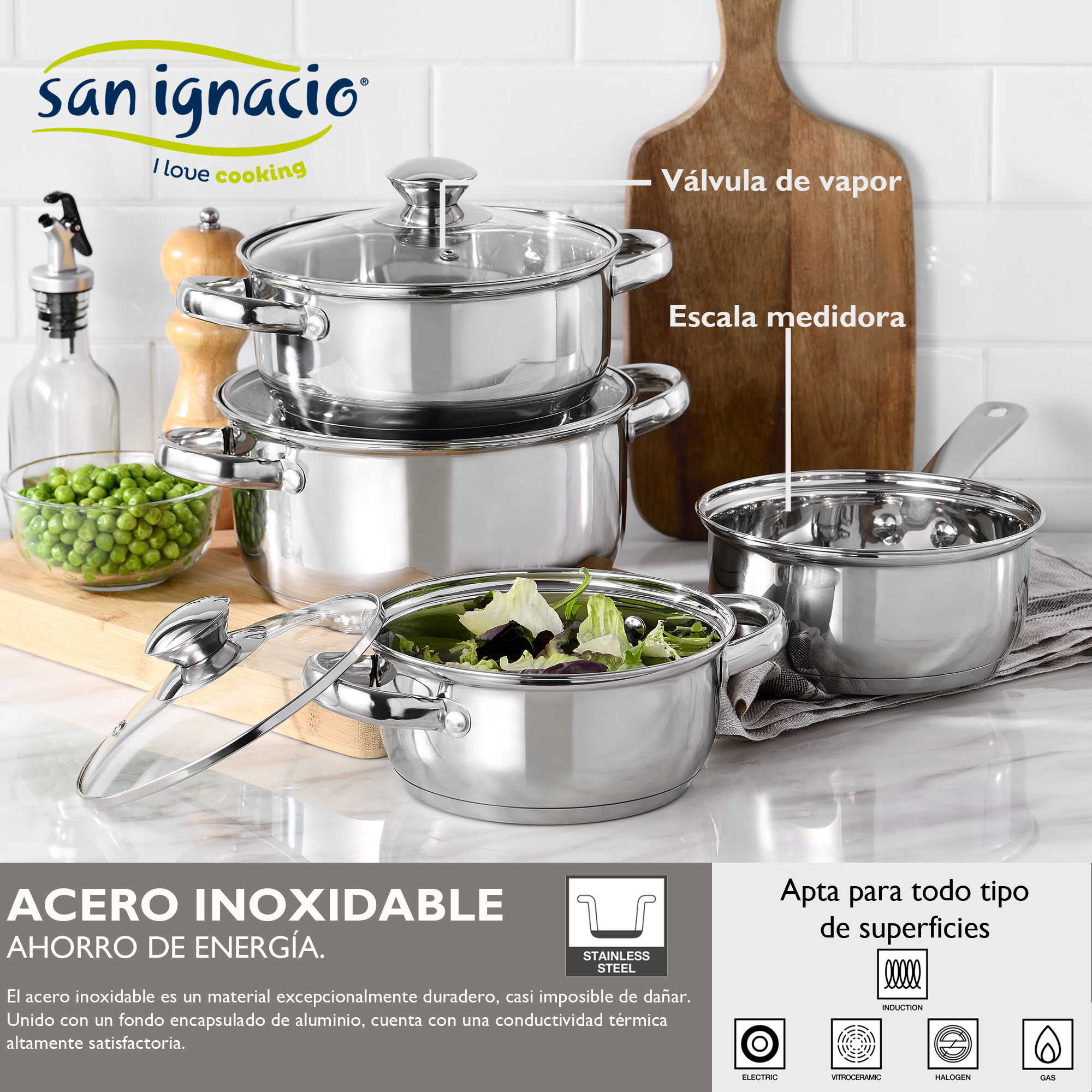 Juego de ollas y sartenes de acero inoxidable. Texto: Acero inoxidable, ahorro de energía.