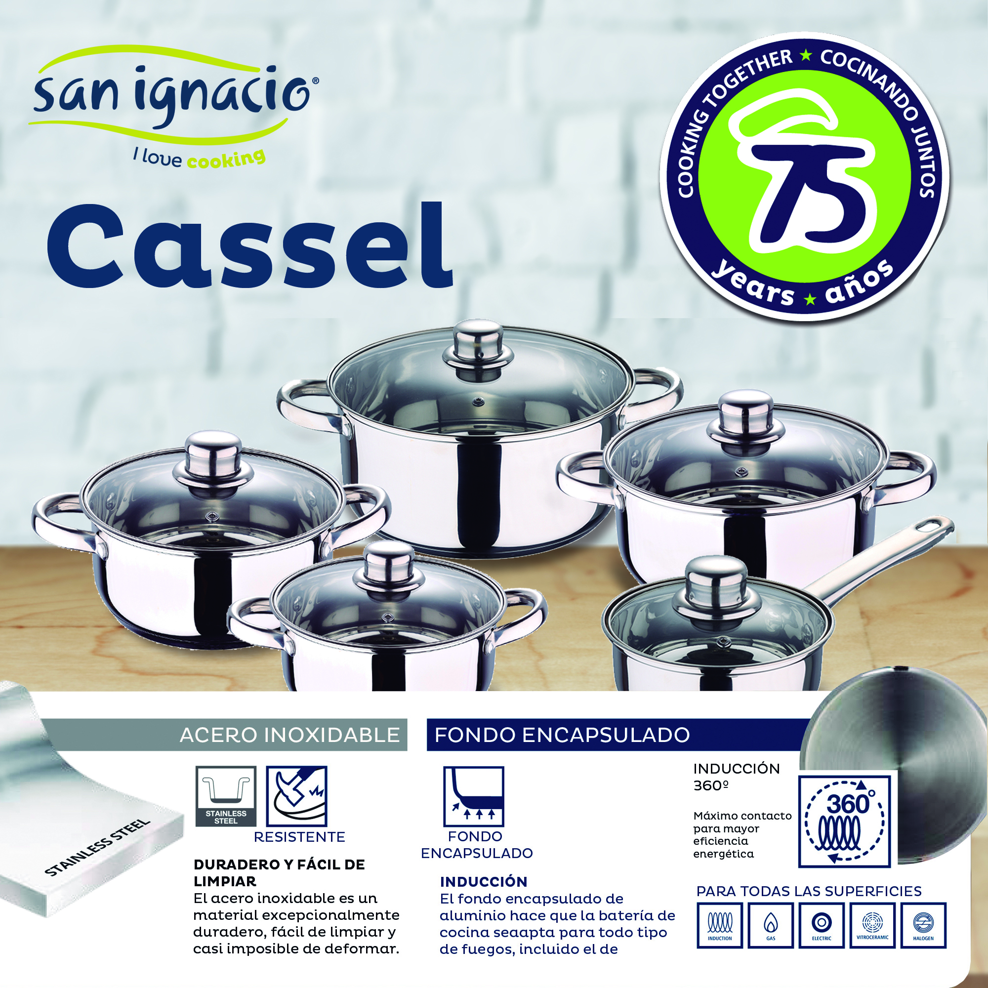 Juego de ollas de acero inoxidable con tapas de vidrio y sartén, con información del producto.