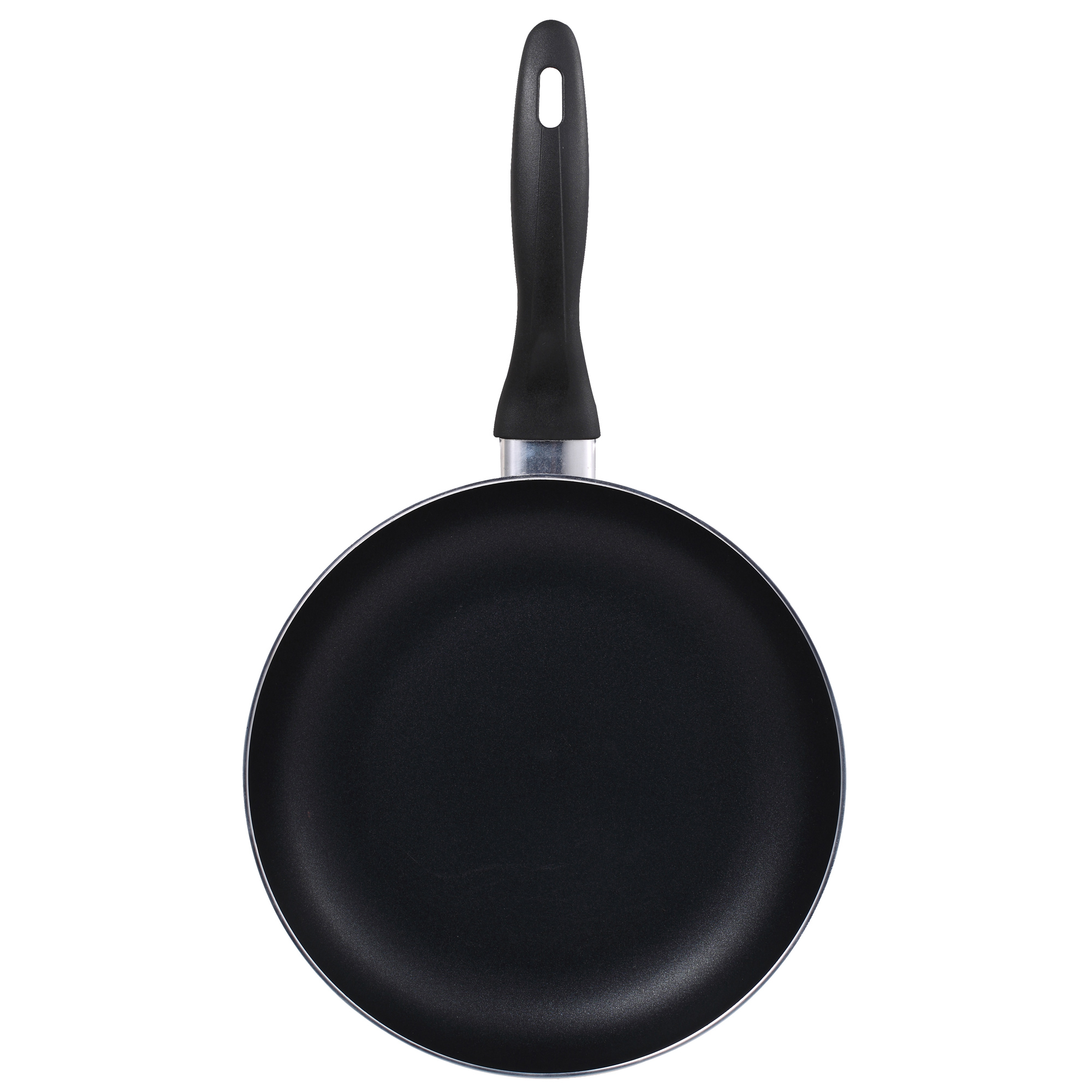 Schwarze Bratpfanne mit langem Griff, von oben gesehen.