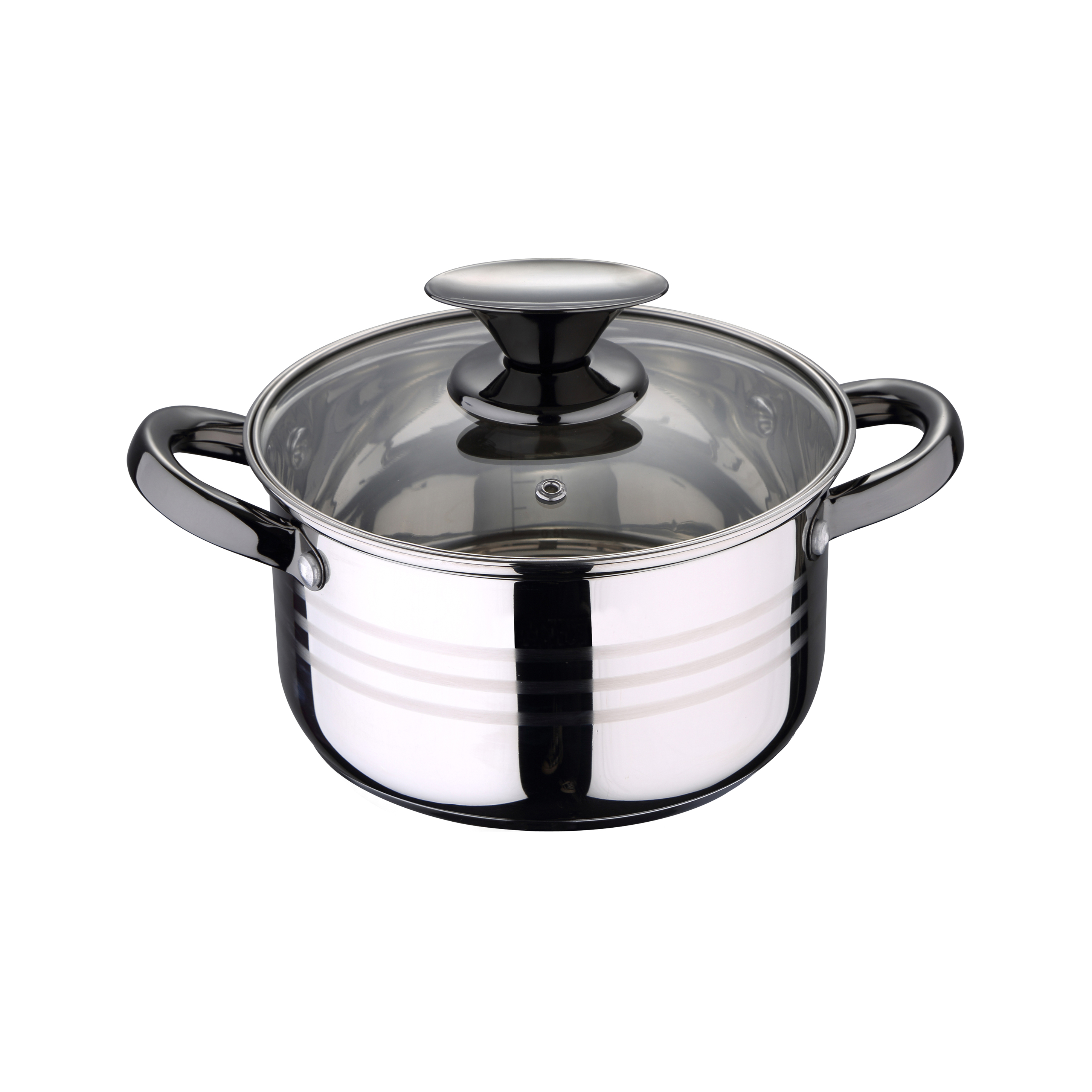 Una olla de acero inoxidable con tapa de cristal y asas negras. Fondo blanco.