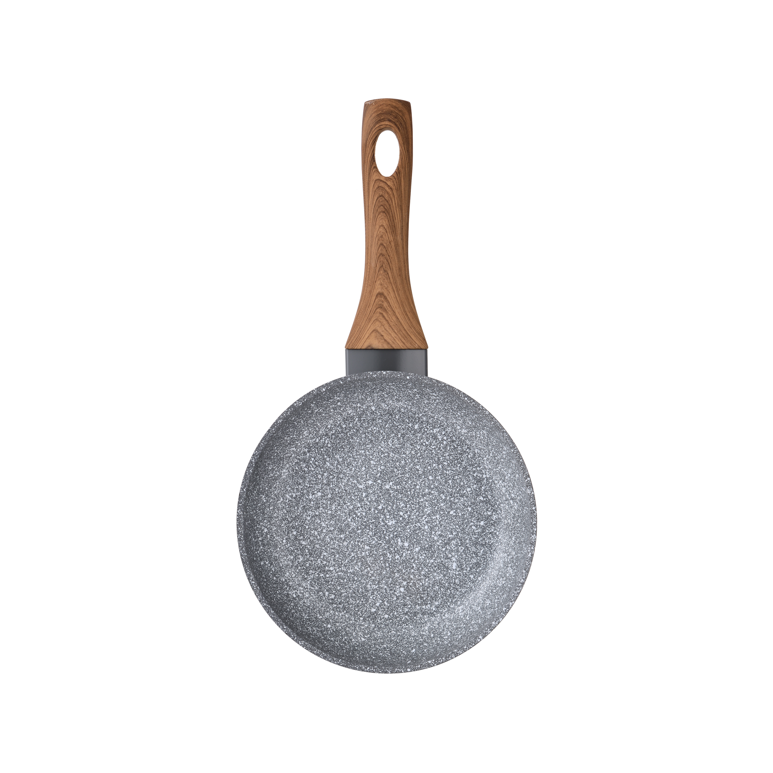 Sartén redonda gris con mango de madera, aislada sobre un fondo blanco.
