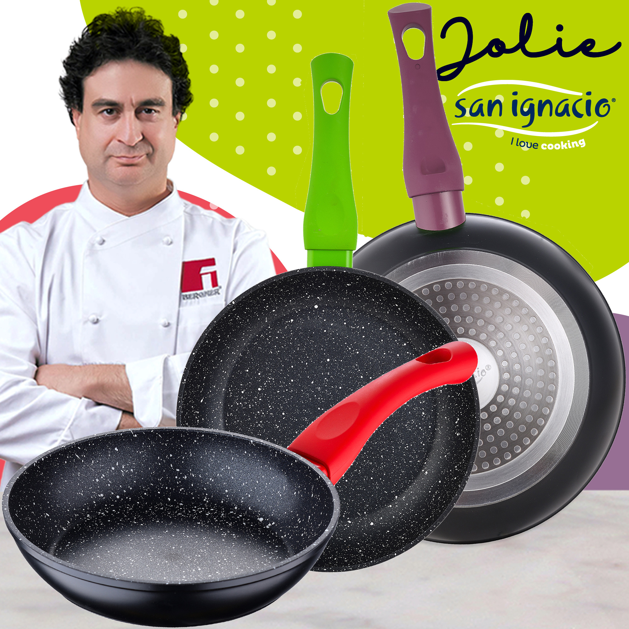 Un chef está de pie cerca de sartenes de diferentes colores con un patrón moteado blanco. El fondo tiene verde y morado.