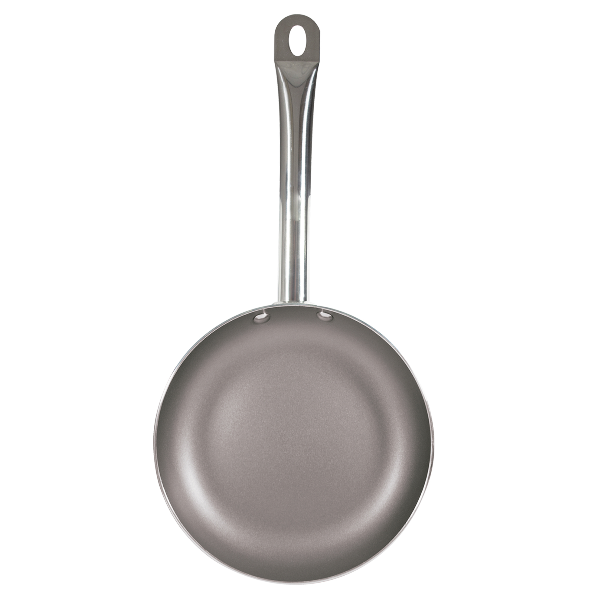 Sartén gris con mango largo sobre fondo blanco.