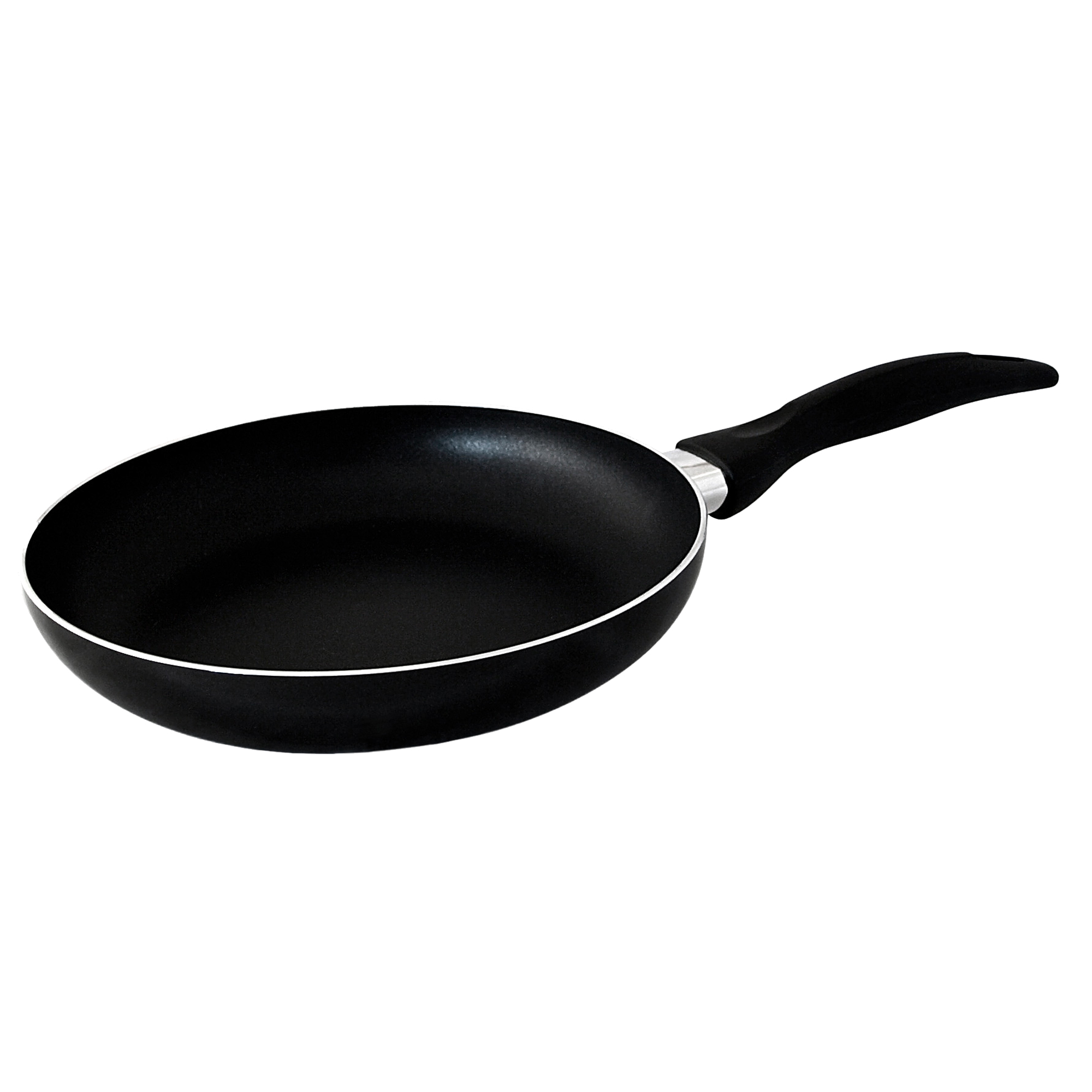Schwarze Bratpfanne mit schwarzem Griff auf weißem Hintergrund.