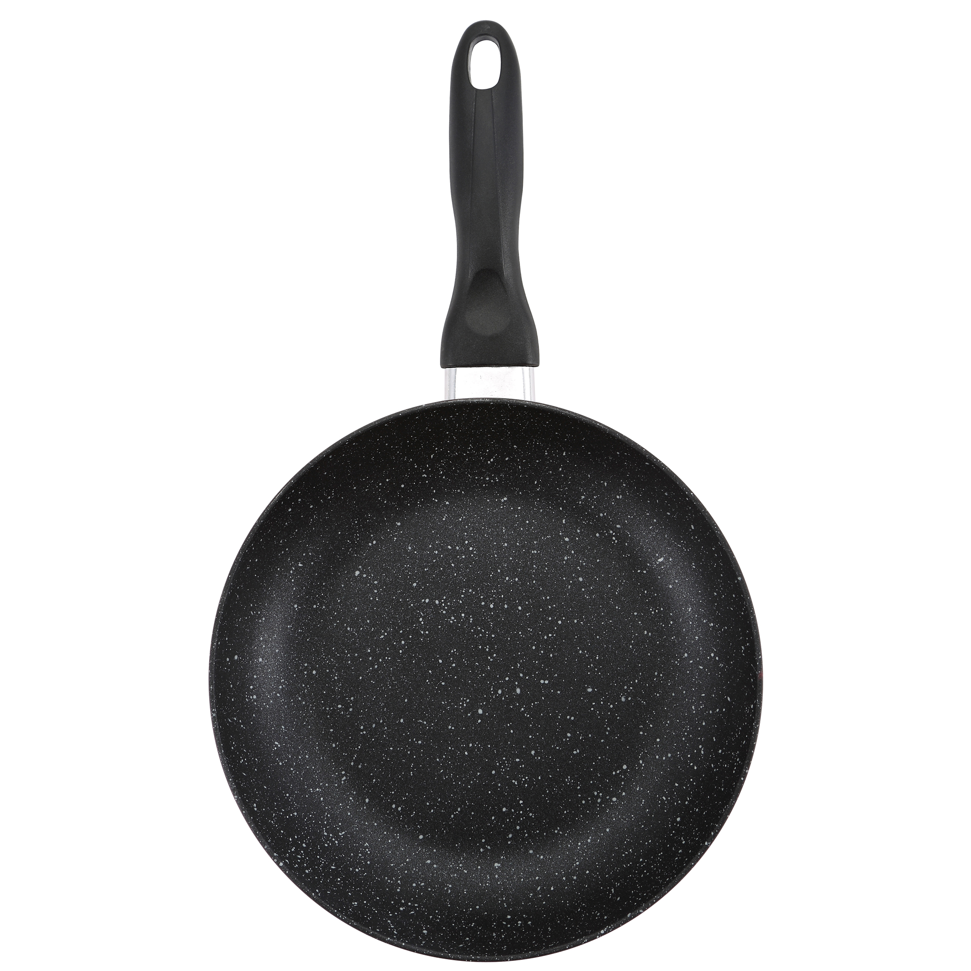 Sartén negra con motas blancas y mango negro.