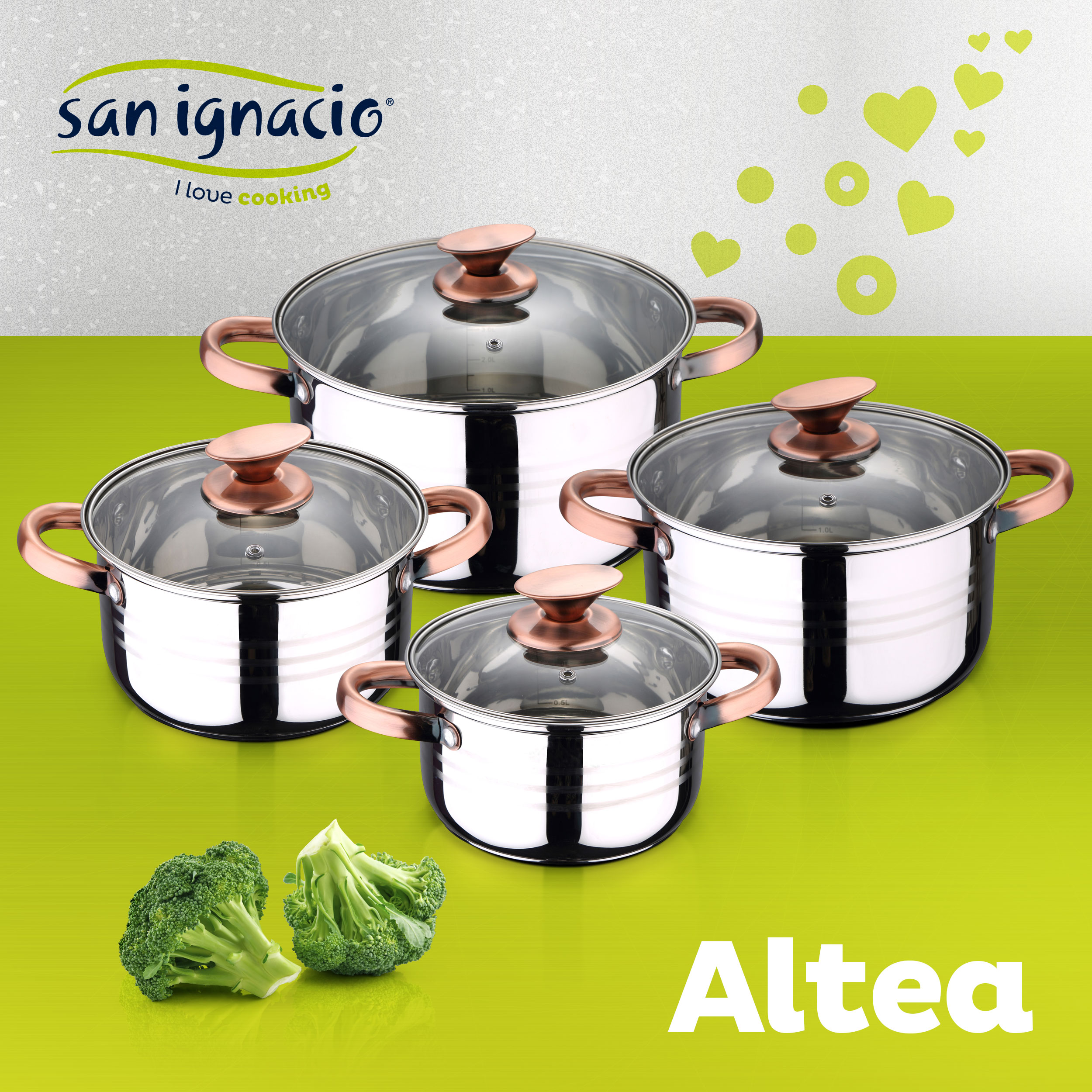 Ollas San Ignacio con tapas de cristal. Brócoli a la izquierda. Fondo verde y blanco.