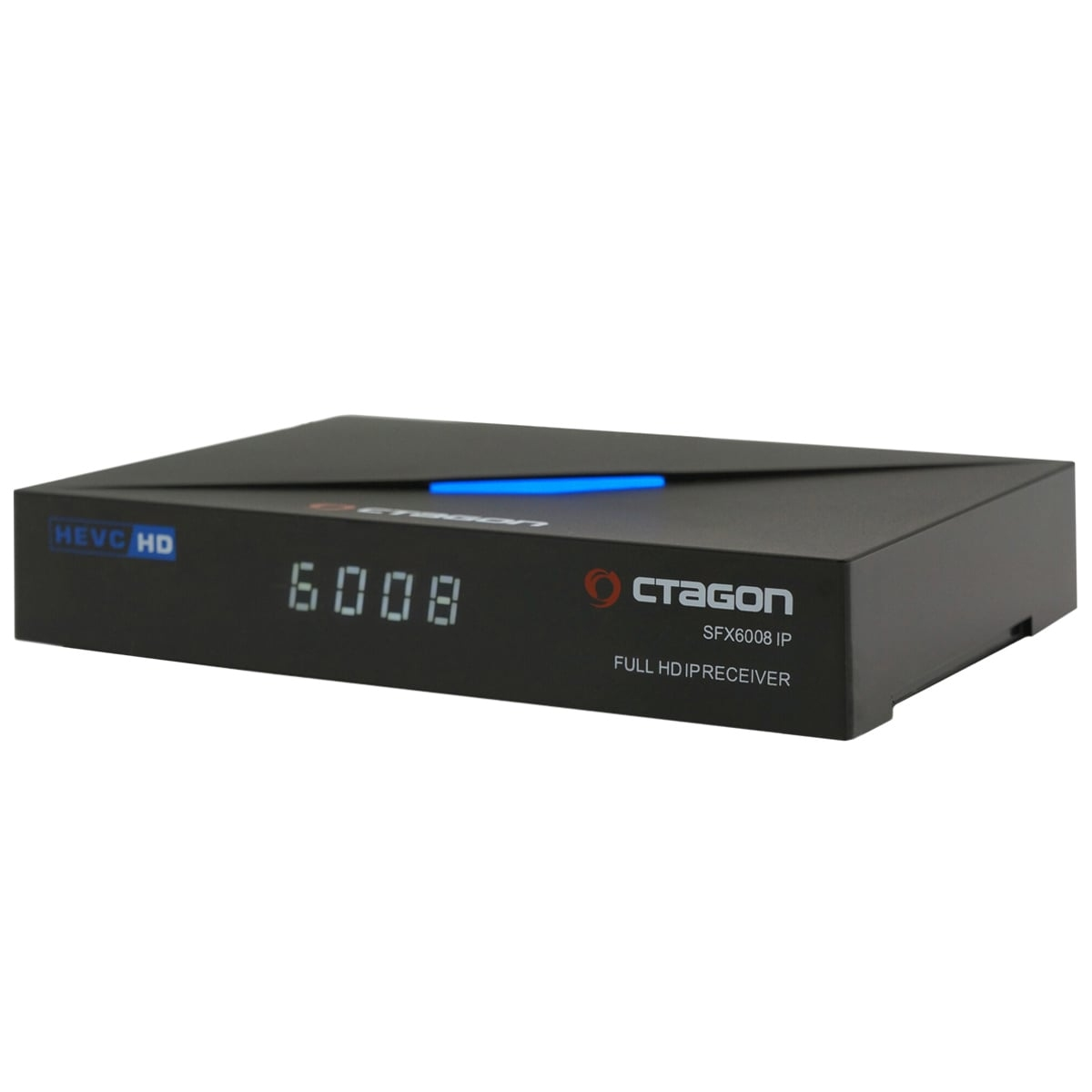 Schwarze Set-Top-Box mit blauem Licht. Die Marke ist CTAGON. Die Box steht auf weißem Untergrund.