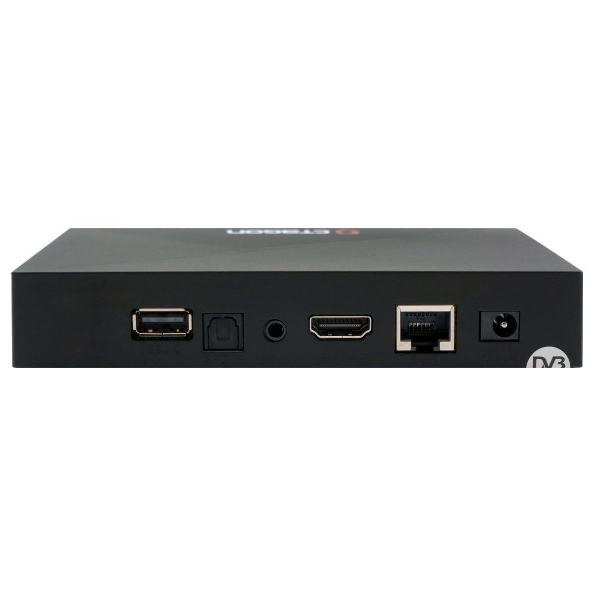 Schwarze Set-Top-Box mit mehreren Anschlüssen auf der Rückseite: USB, Audio, HDMI, Ethernet und Strom.