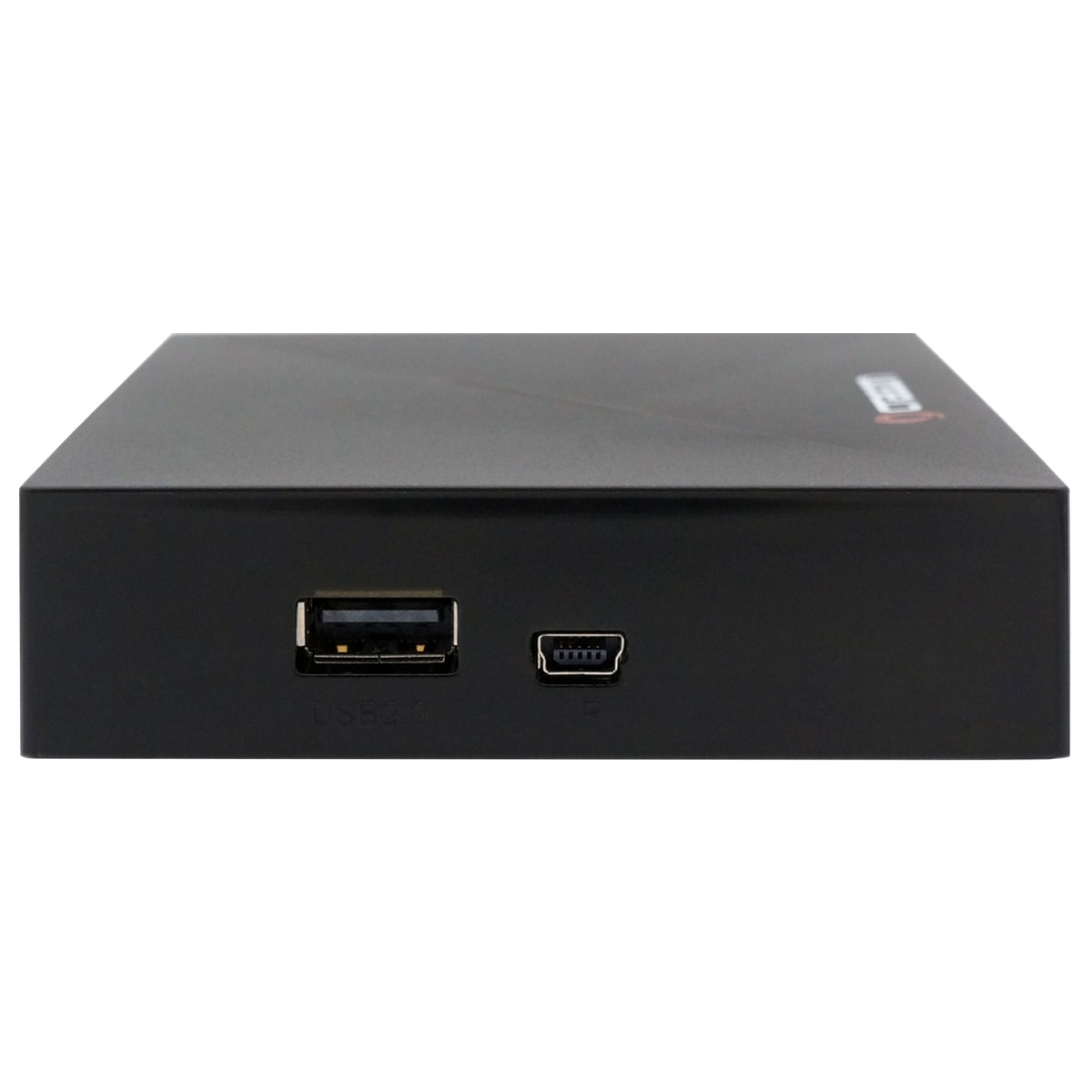 Eine schwarze Box mit USB- und Mini-USB-Anschlüssen. Die Oberfläche ist glatt.