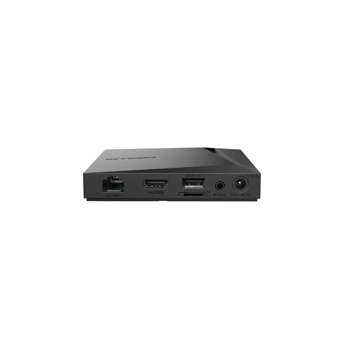 Dispositivo nero, rettangolare con diverse porte: Gigabit, HDMI, USB, IR e 12V.