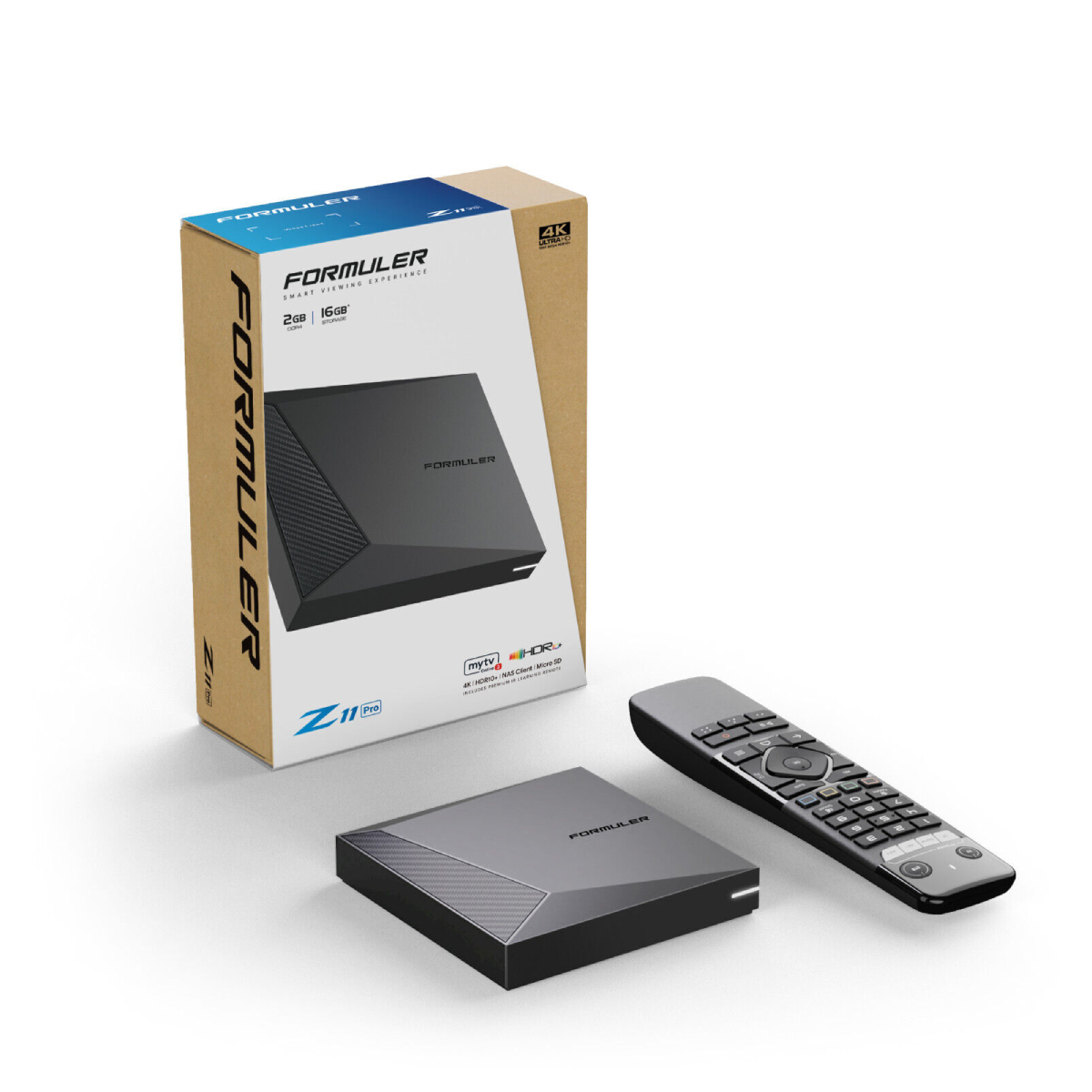 Formuler Z11 Pro Box mit Fernbedienung und Box mit Produktbeschreibung.