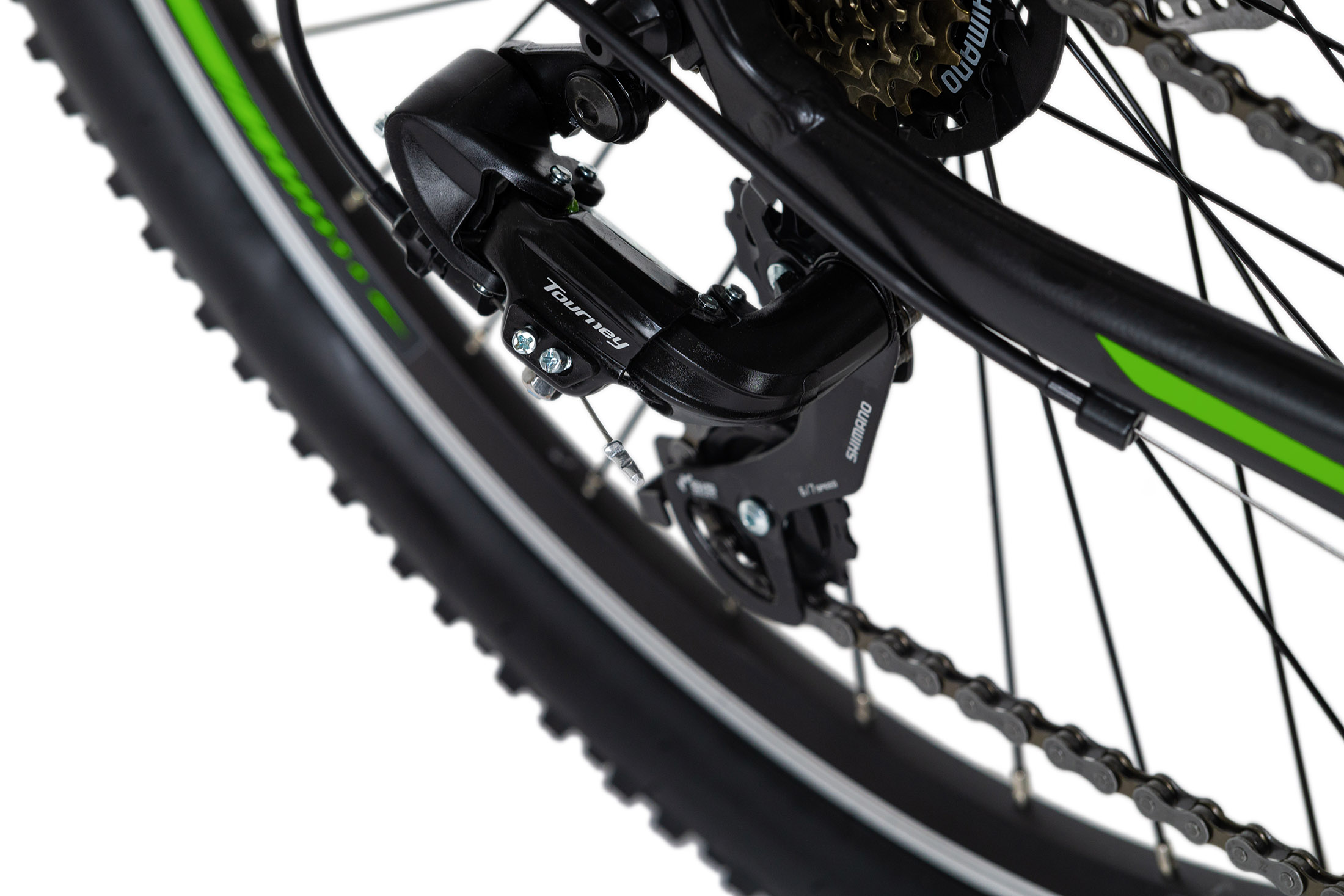 Nahaufnahme eines Fahrrad-Schaltwerks. Es ist schwarz mit grünen Akzenten. Das Shimano-Logo ist sichtbar.