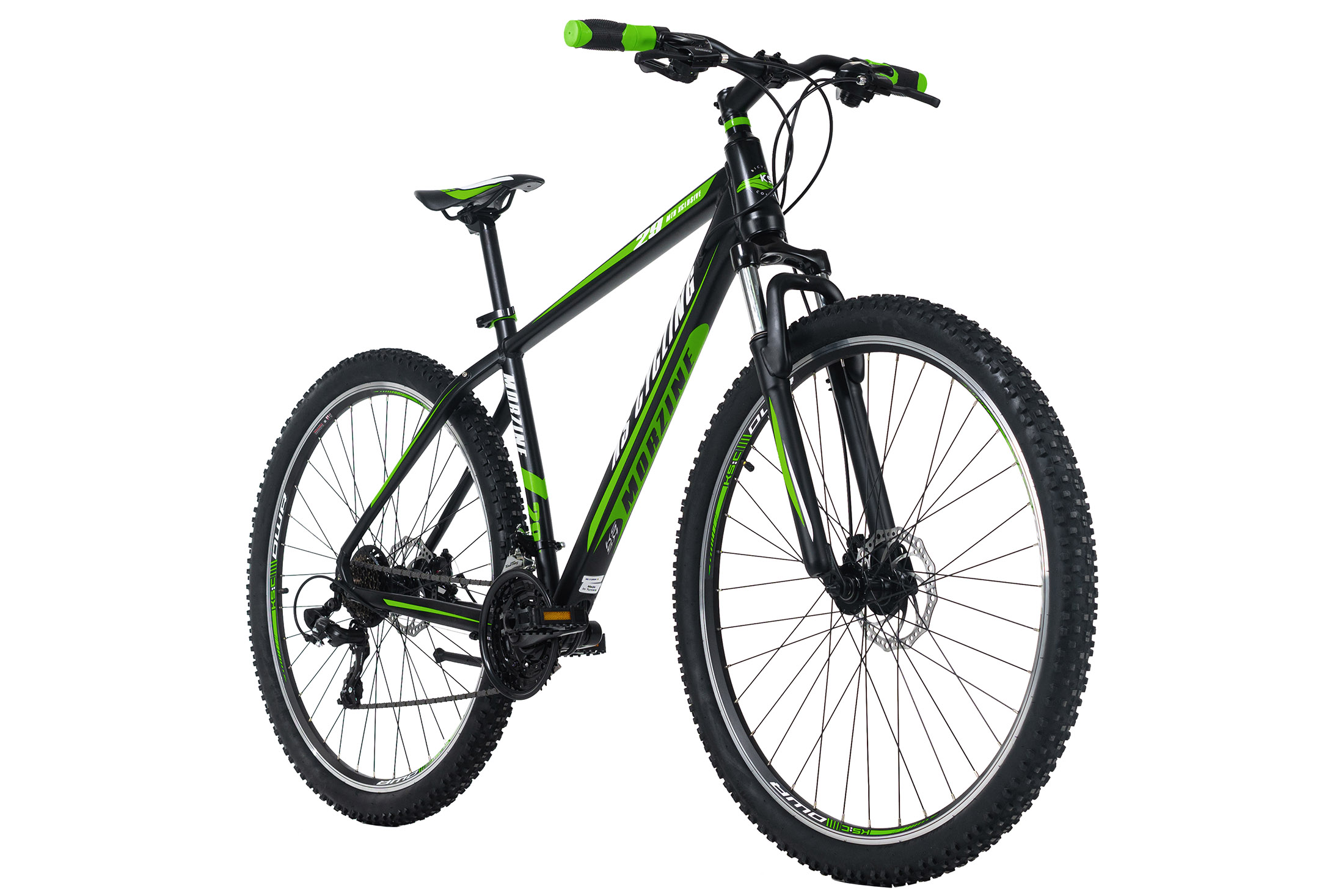 Ein schwarz-grünes Mountainbike mit grünen Akzenten. Isoliert auf weißem Hintergrund.