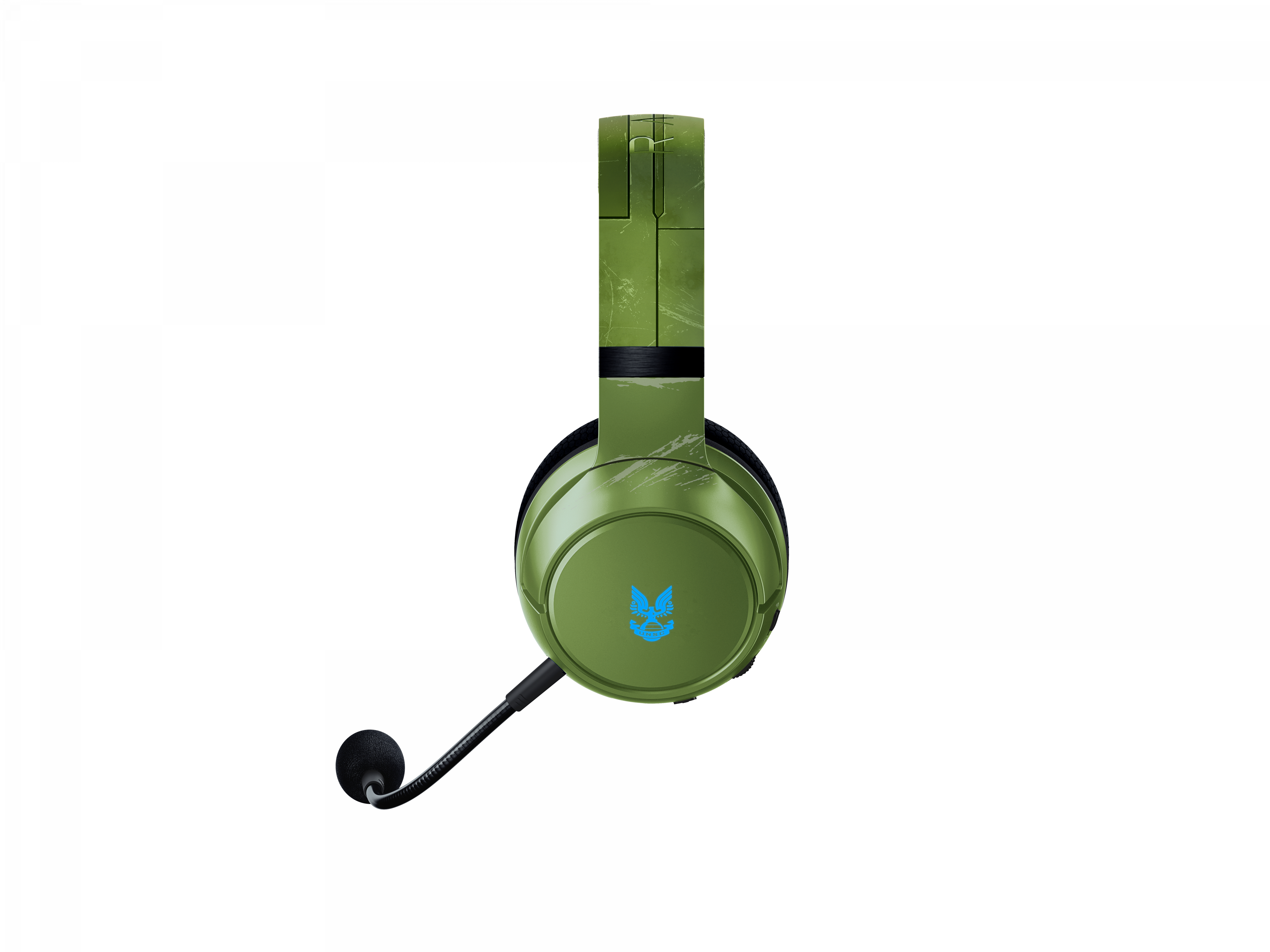 Zielony zestaw słuchawkowy do gier Halo z mikrofonem. Białe tło.