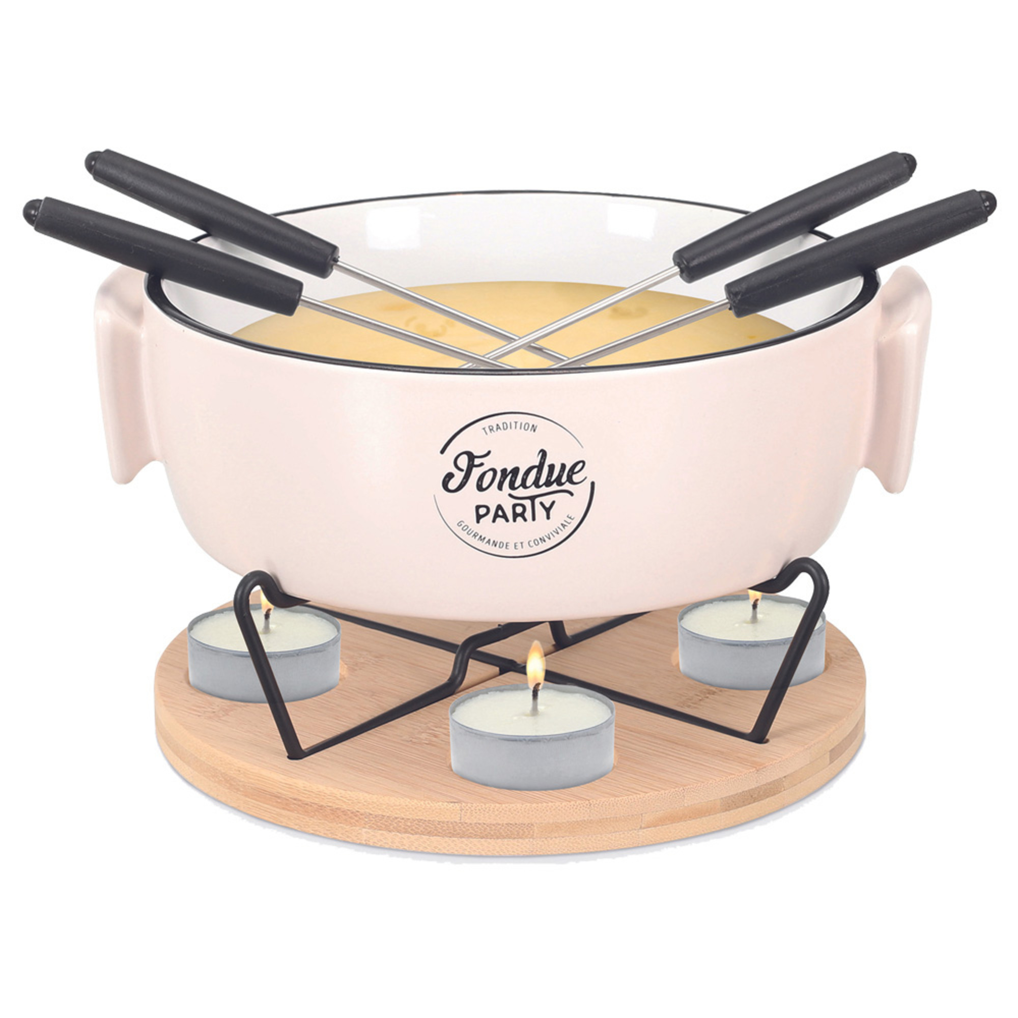 Set per fonduta con pentola per fonduta, forchette e lumini. Pentola rosa con supporto nero. Sfondo bianco.