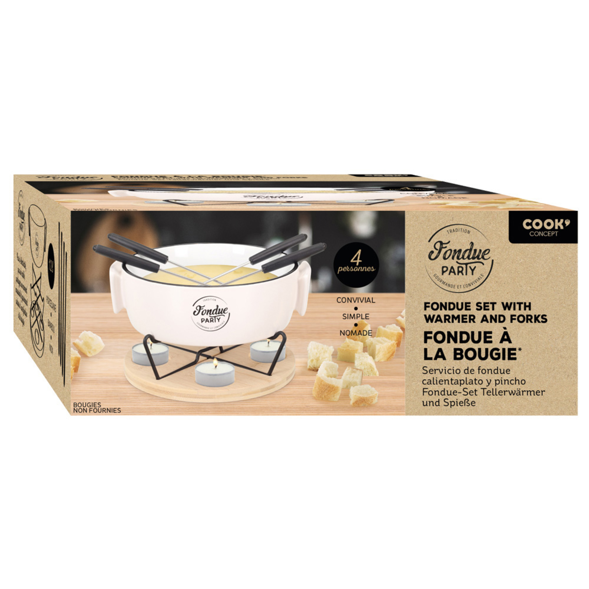 Un set fonduta con scaldavivande e forchette, con pezzi di pane.