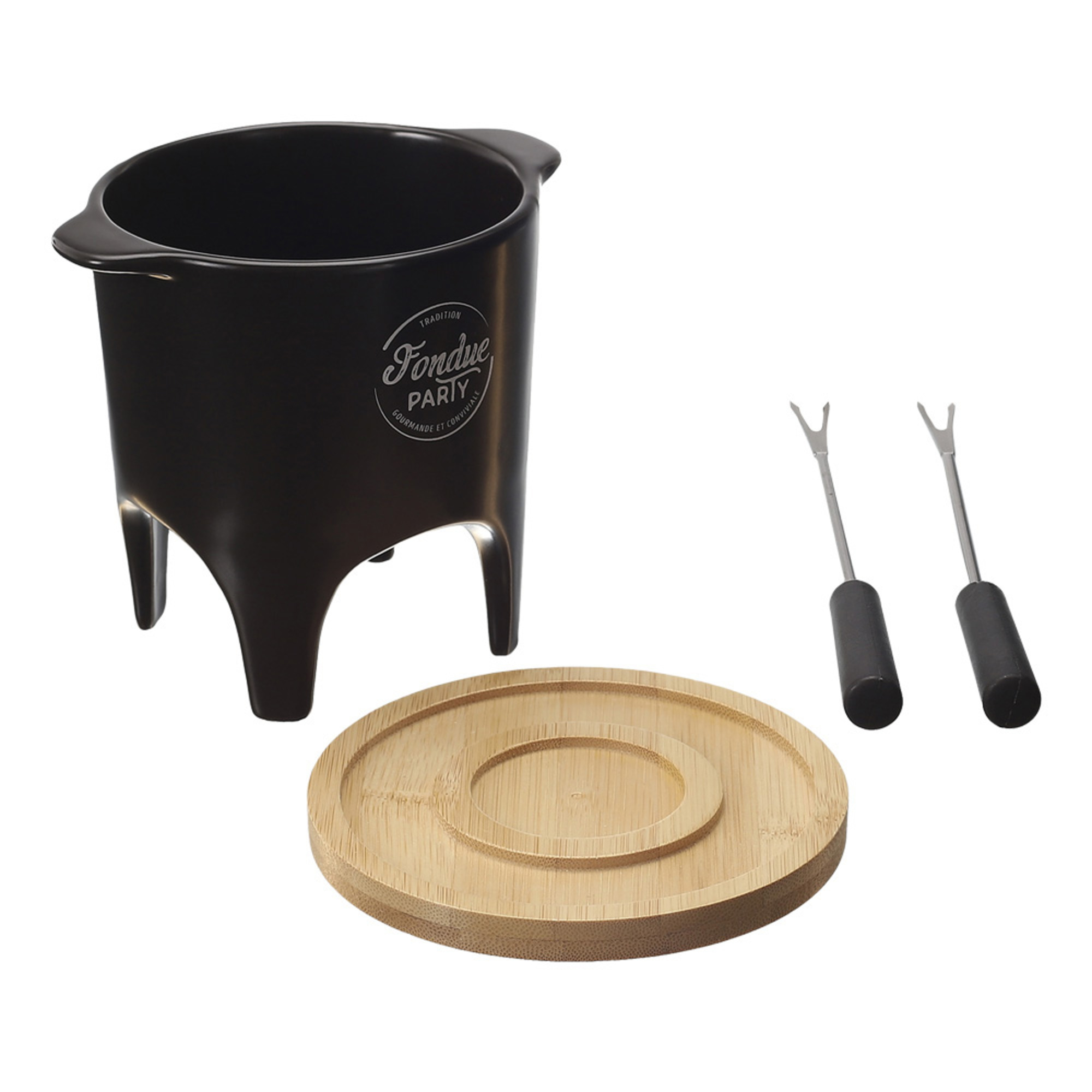 Set per fonduta nero con base in legno e due forchette per fonduta. La pentola è su gambe.