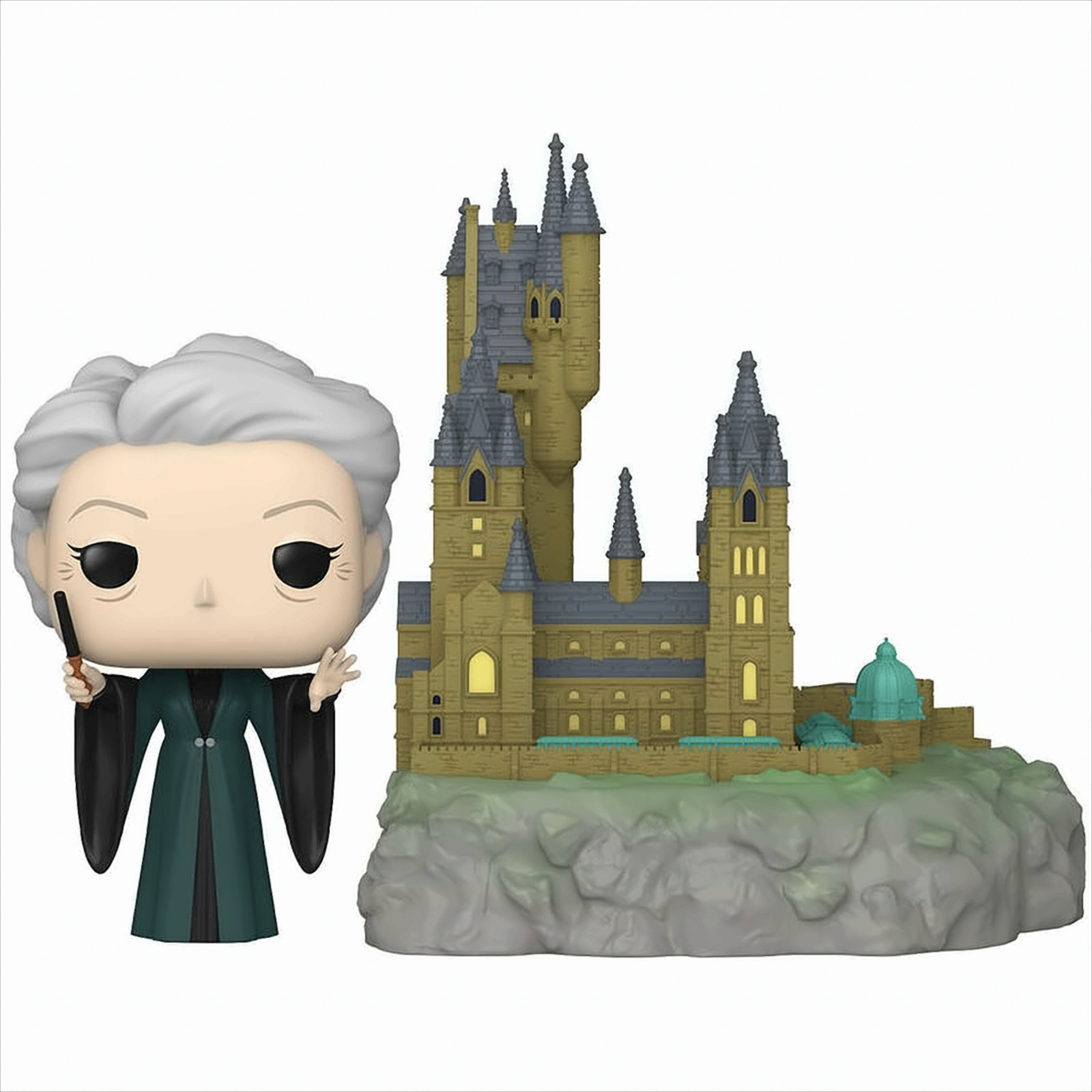 Un Funko Pop di un mago con un castello. Il castello è alto e ha delle torri.