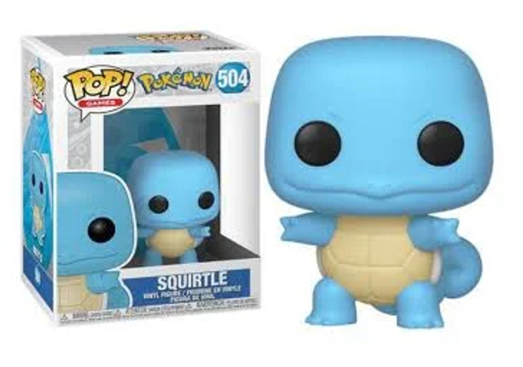 Personaggio giocattolo Squirtle con scatola, Squirtle è blu con pancia crema.