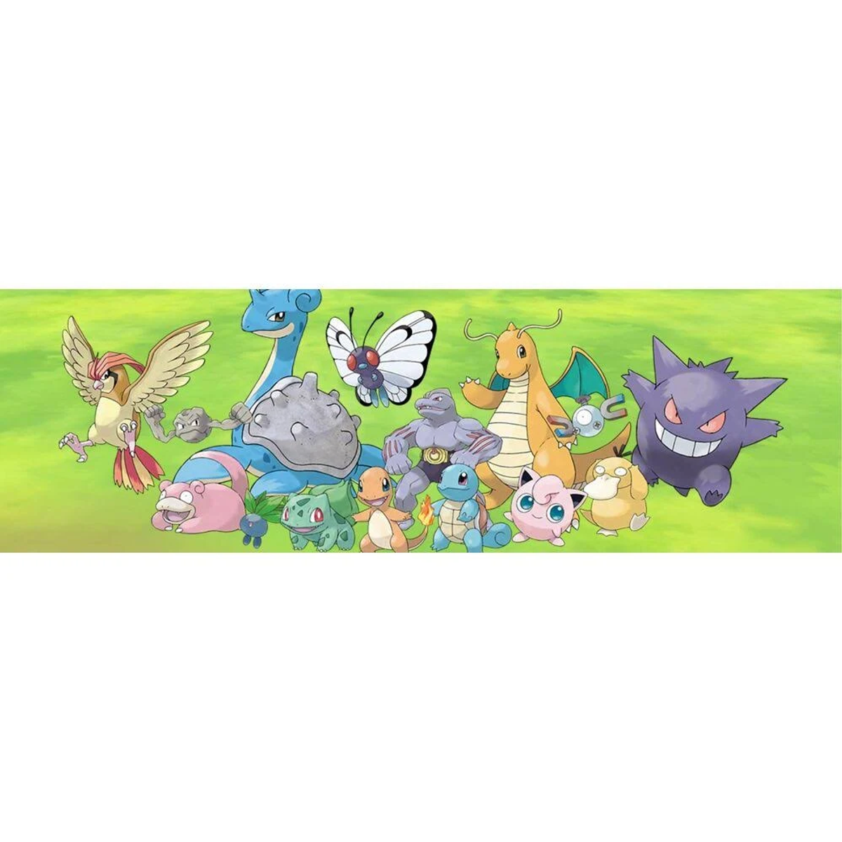 Gruppo di personaggi Pokémon su sfondo verde.