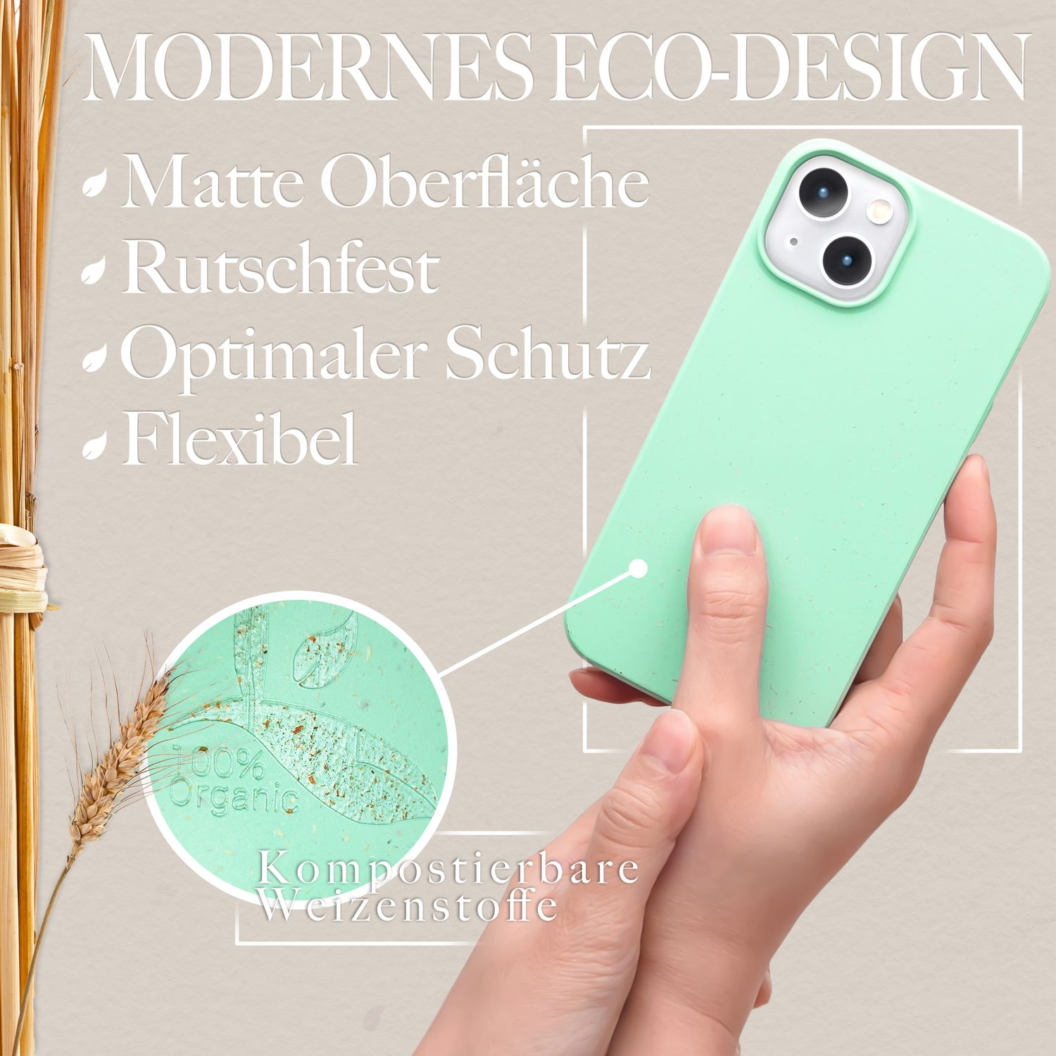 Hand hält mintgrüne Handyhülle; Weizen und Text drumherum.