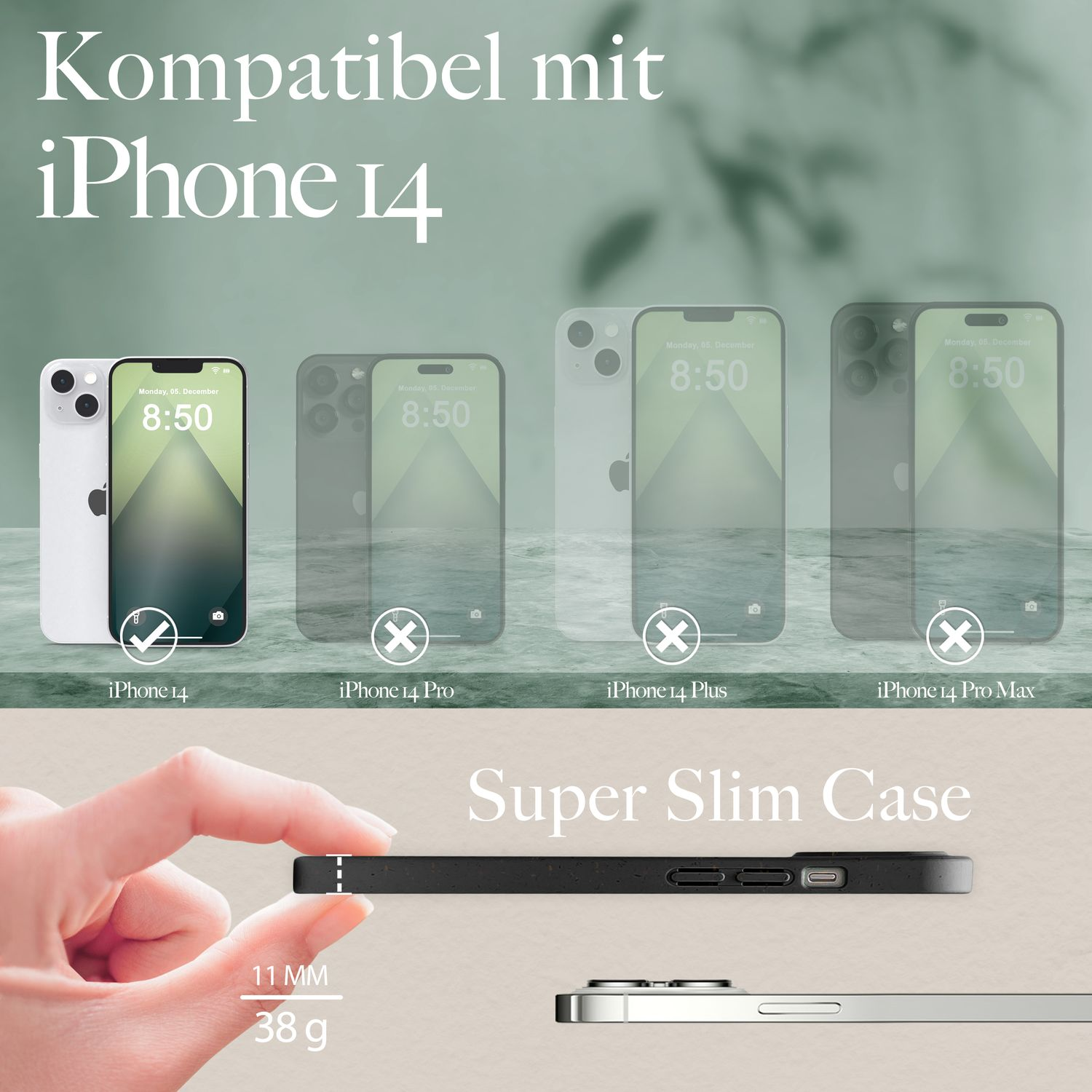Eine iPhone-Hülle mit iPhone 14, iPhone 14 Pro, iPhone 14 Plus und iPhone 14 Pro Max.