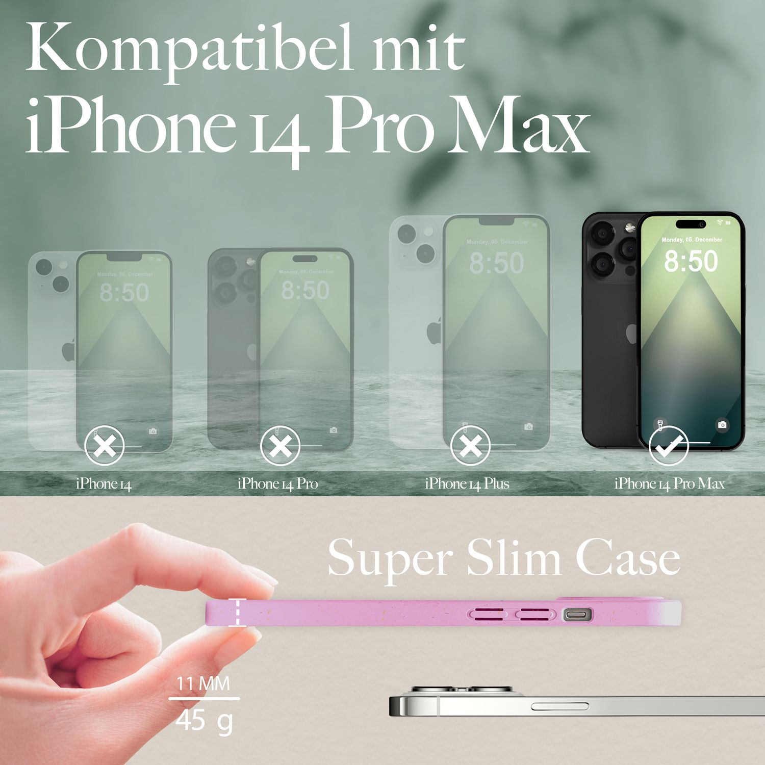 Ein iPhone 14 Pro Max mit pinkfarbener Hülle. Bilder zeigen Kompatibilität und schlankes Design der Hülle.