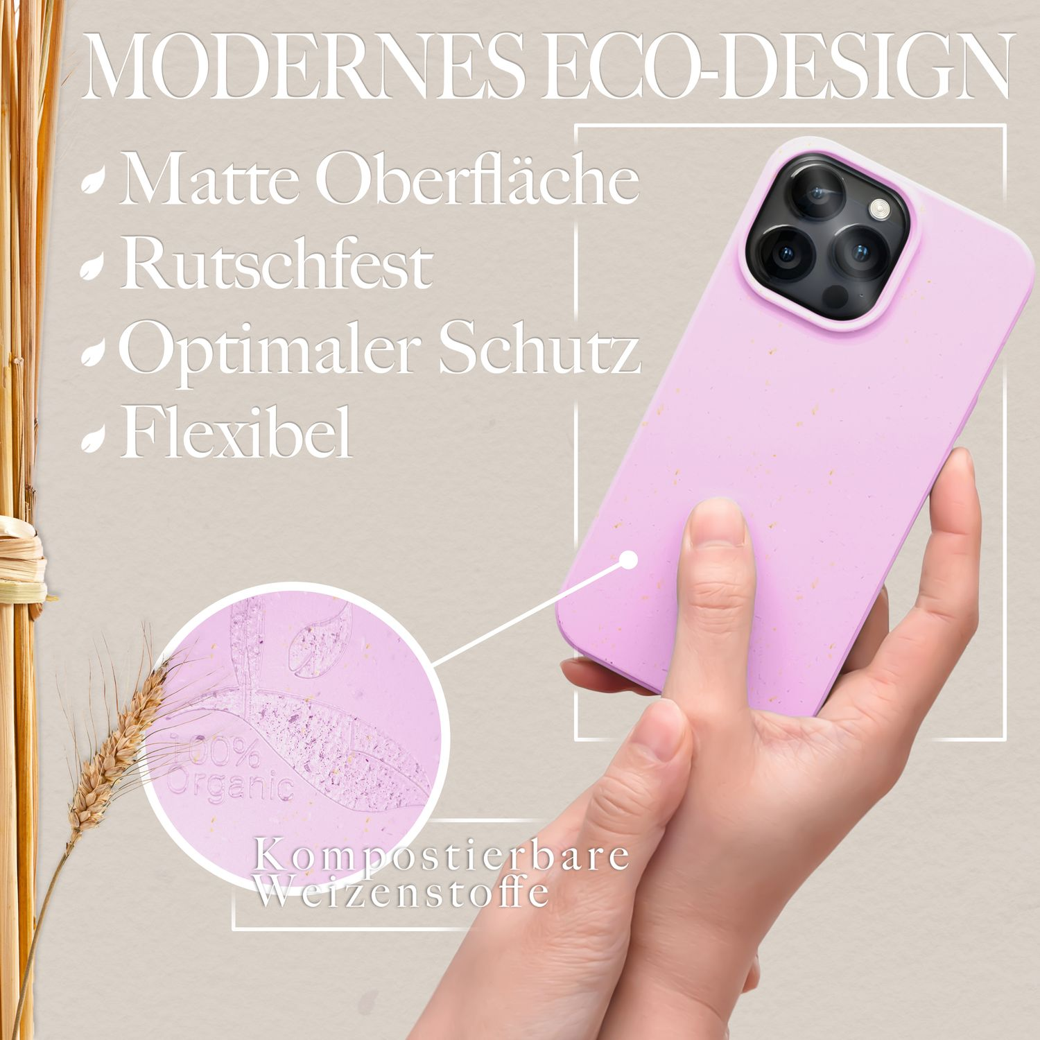 Rosa Handyhülle mit Hand, die sie hält, Text über Eco-Design-Merkmale.
