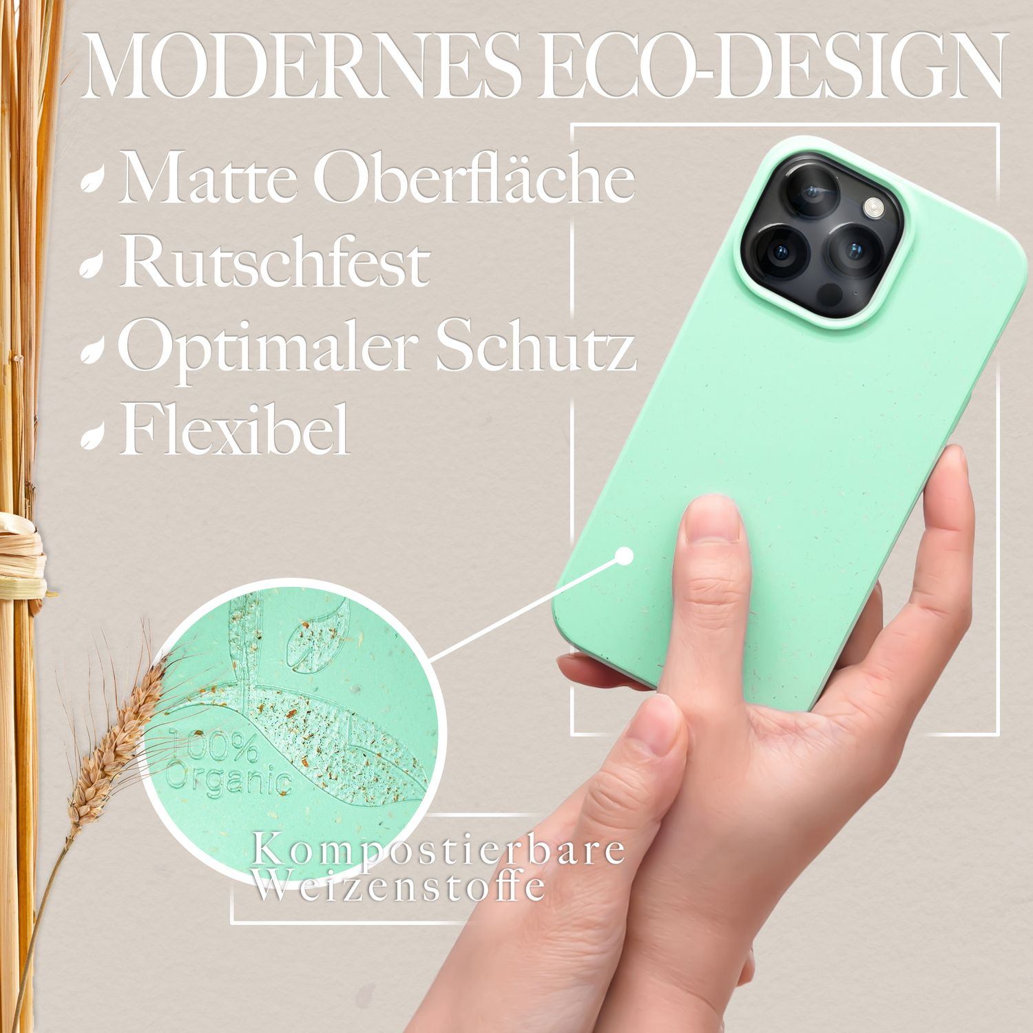Hand hält grüne Handyhülle. Text: Matte Oberfläche, rutschfest, optimaler Schutz, flexibel.