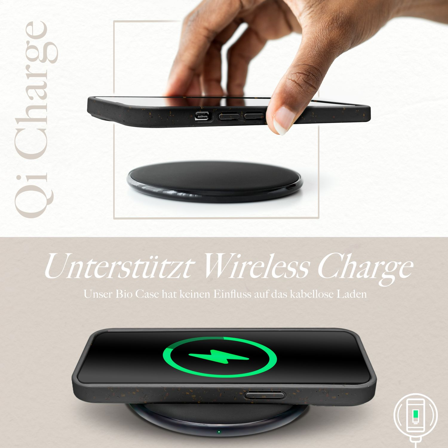 Handyhülle mit Telefon auf kabellosem Ladegerät. Text: 'Qi Charge'.