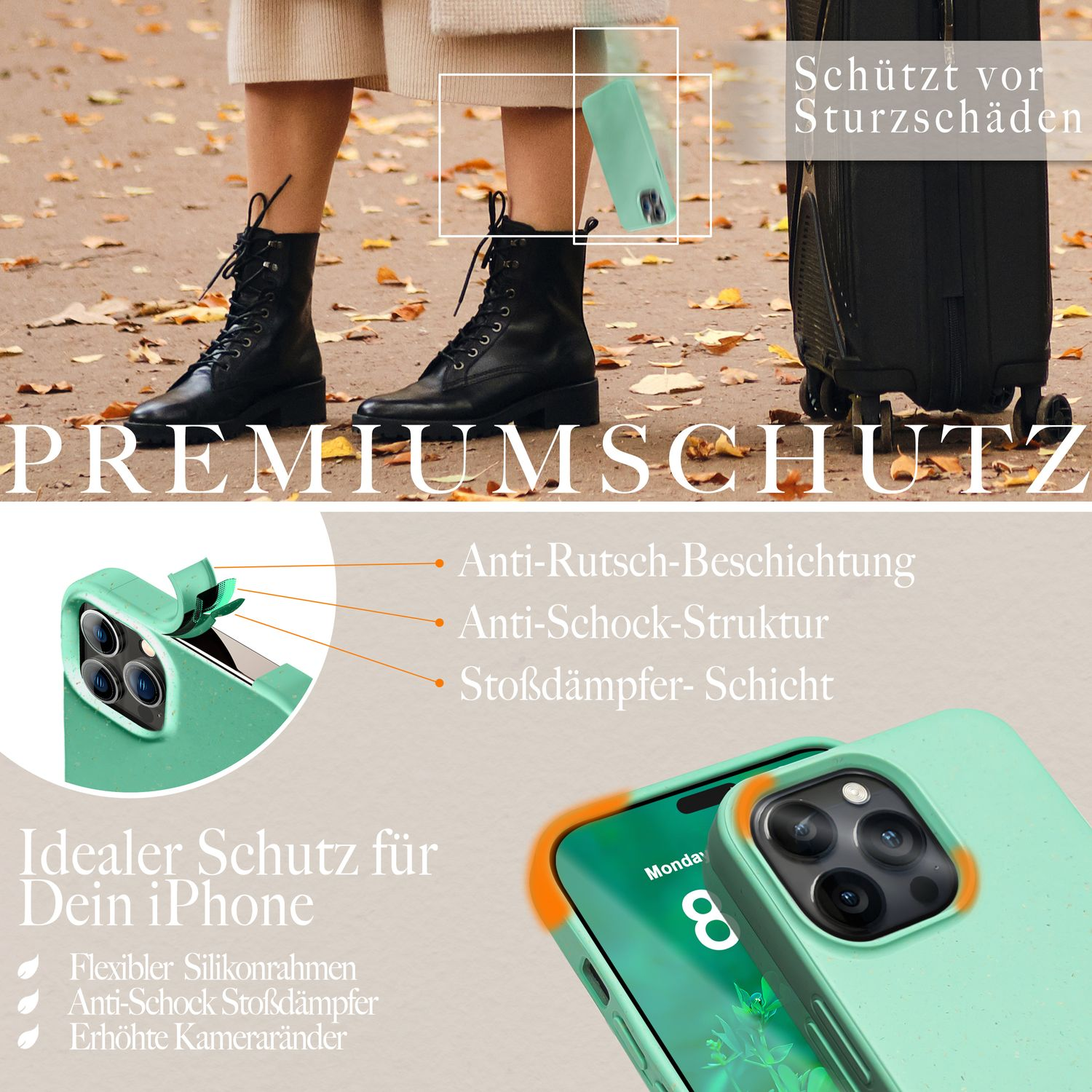 Grüne Handyhülle mit Schutzfunktionen, Text beschreibt den Schutz für ein Telefon.