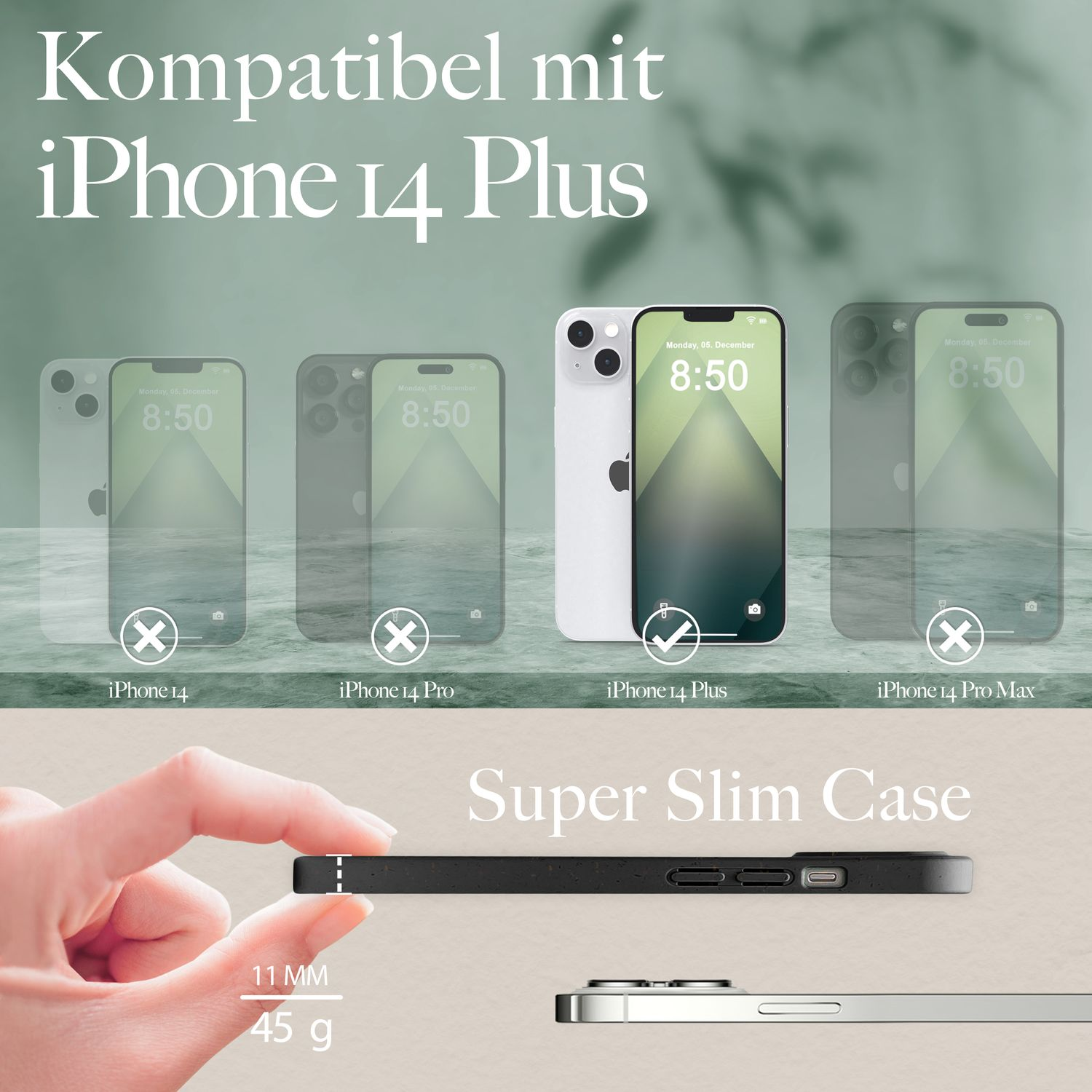 Eine schwarze iPhone 14 Plus Hülle und 3 weitere. Der Text lautet 'Super Slim Case'.